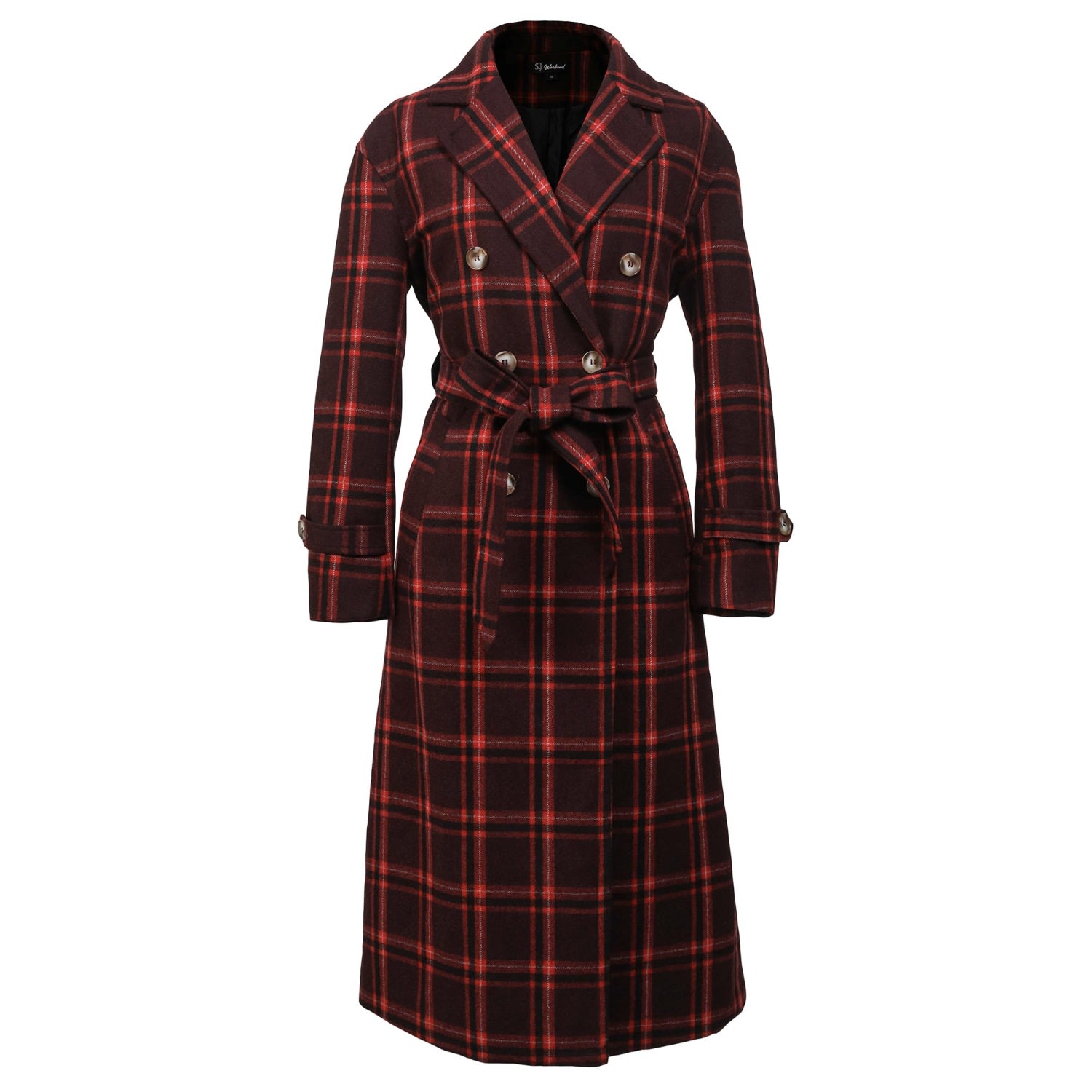 Smart And Joy Women's Red Double Breasted Checks Coat - Burgundy In Red