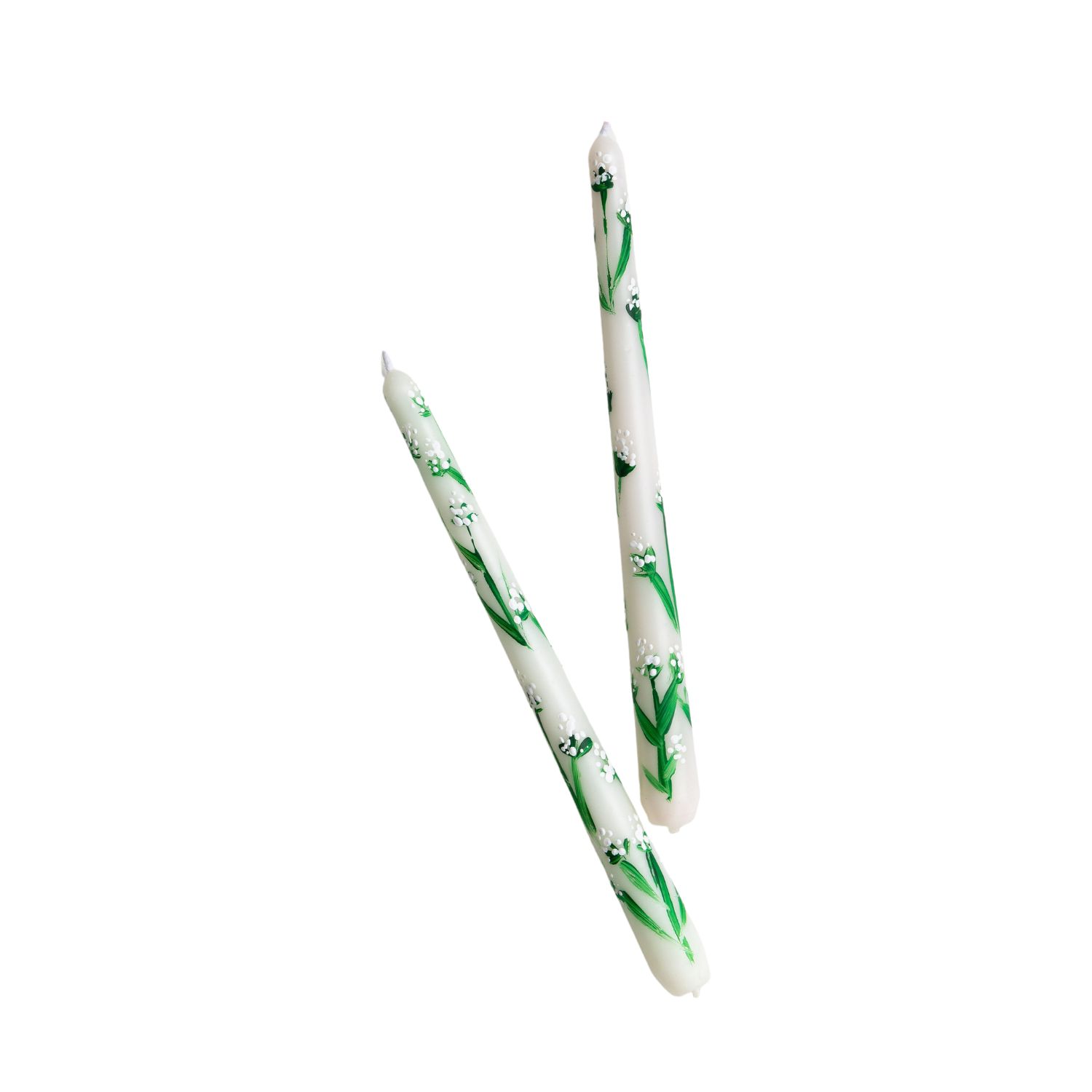 Urban Society Studio White / Green Cow Parsley Hand Painted Taper Candle Set In White/green