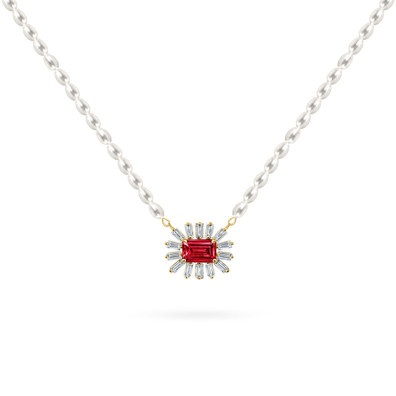 Women’s Necklace Cleopatra Baguette White Pearls On 18K Yellow Gold, Diamonds And Precious Stones - Ruby Aquae Jewels