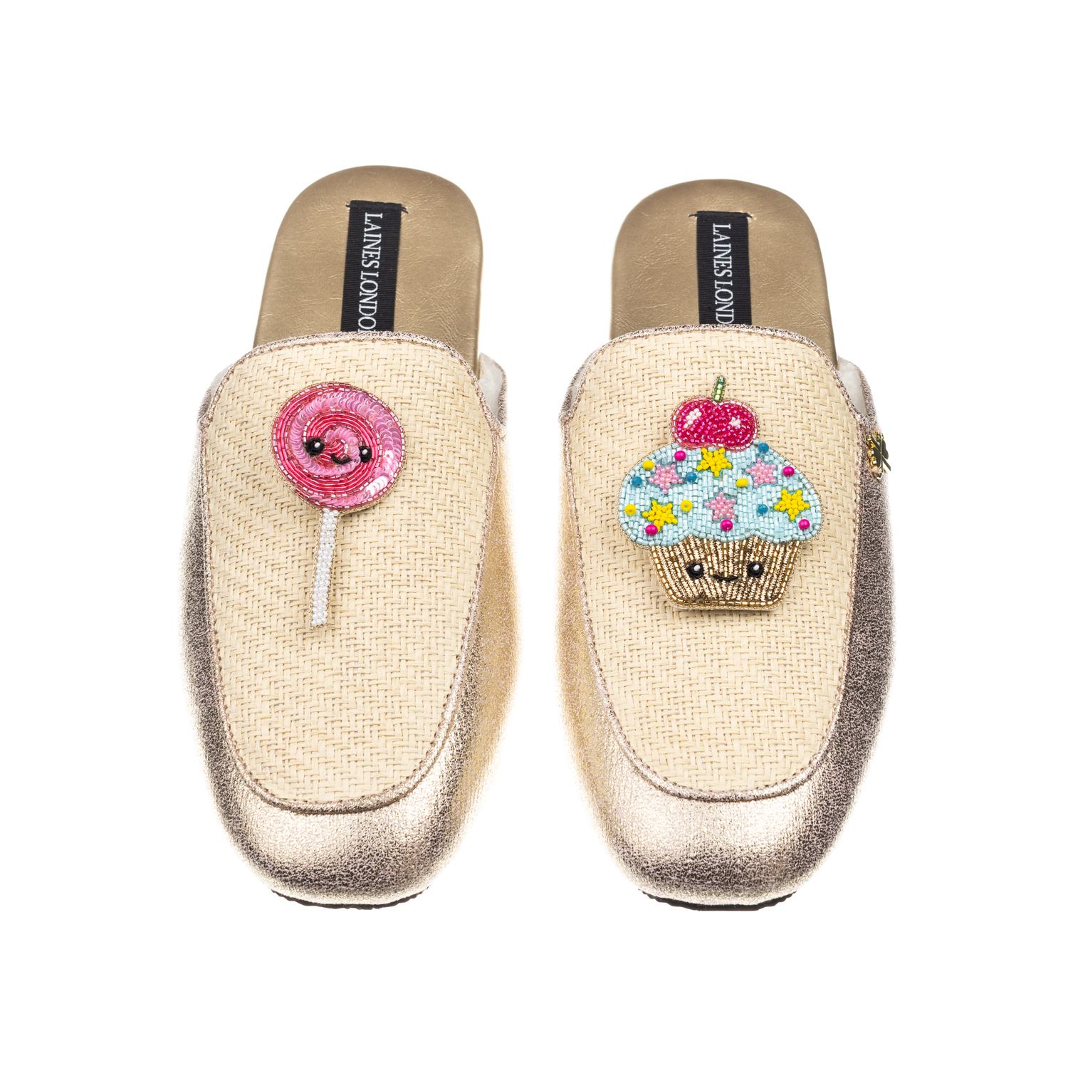 Laines London Women's Gold / Neutrals Classic Mules With Laines Loveables Lollipop & Cupcake Brooches - Cream & Go In Gold