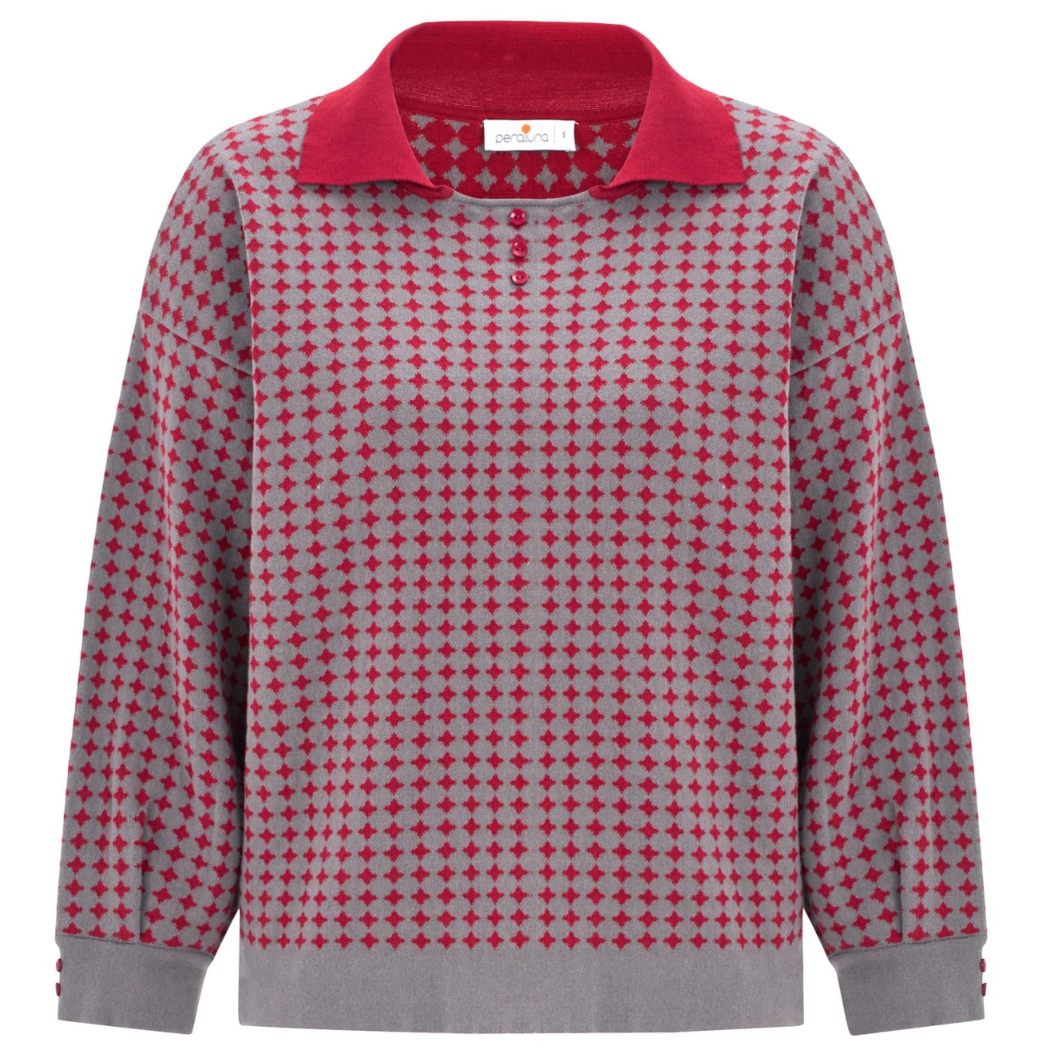 Peraluna Women's Polo-neck 3/4 Sleeve Geometric Patterned Knitwear Pullover - Grey/burgundy In Grey