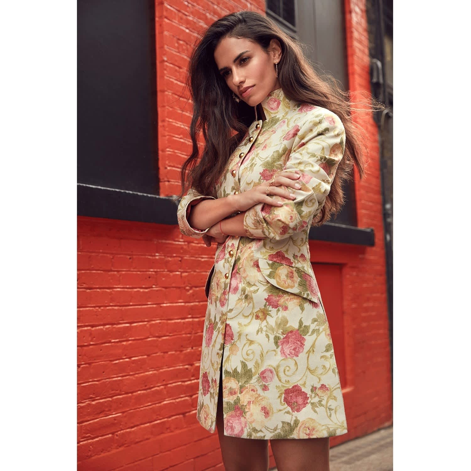 Iconic Romantic Floral Print Jacquard Coat | Monique Singh | Wolf