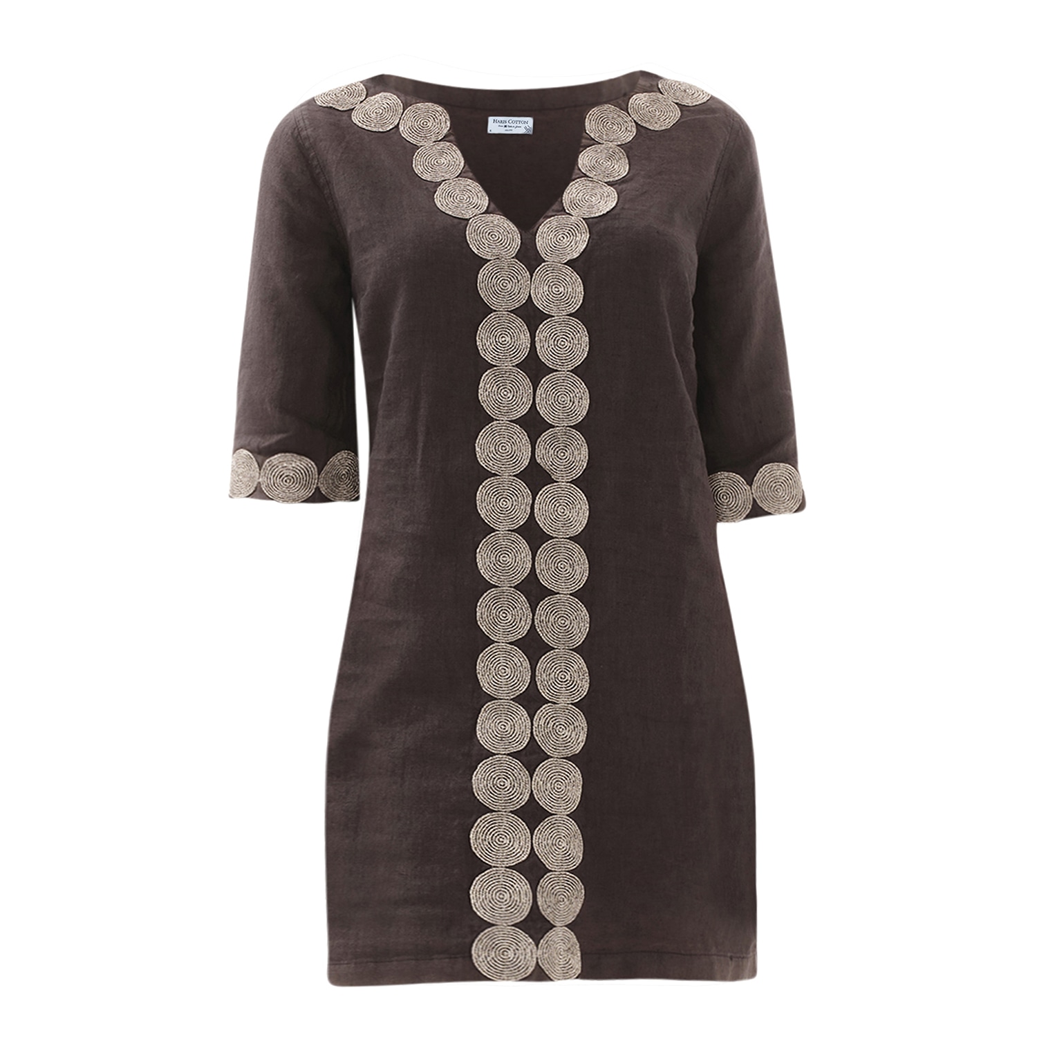 Haris Cotton Women's Lace Insert Mini Linen Dress  With V Neckline -  Grey Iron Silver In Grey