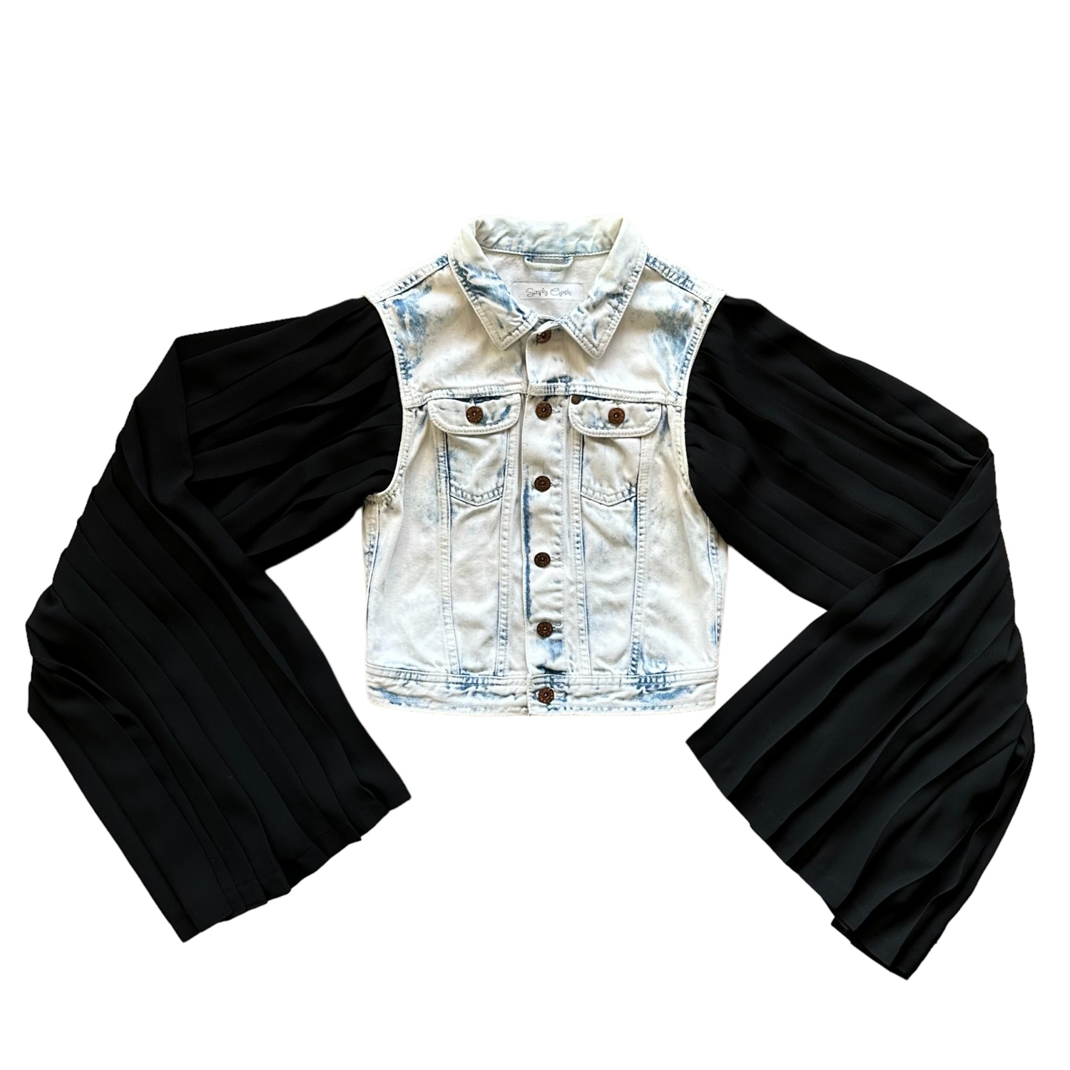 Women’s Blue / Black / White Upcycled Pleated Statement Sleeve Denim Jacket - Bleached Blue & Black Xs/S Simply Cynthi