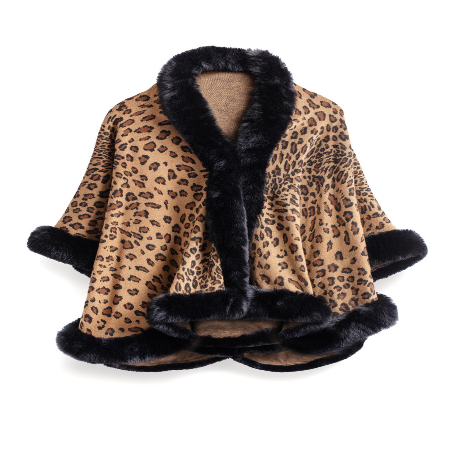 Saachi Women's Black Cheetah Print Burly Wood Kimono Faux Fur Cape