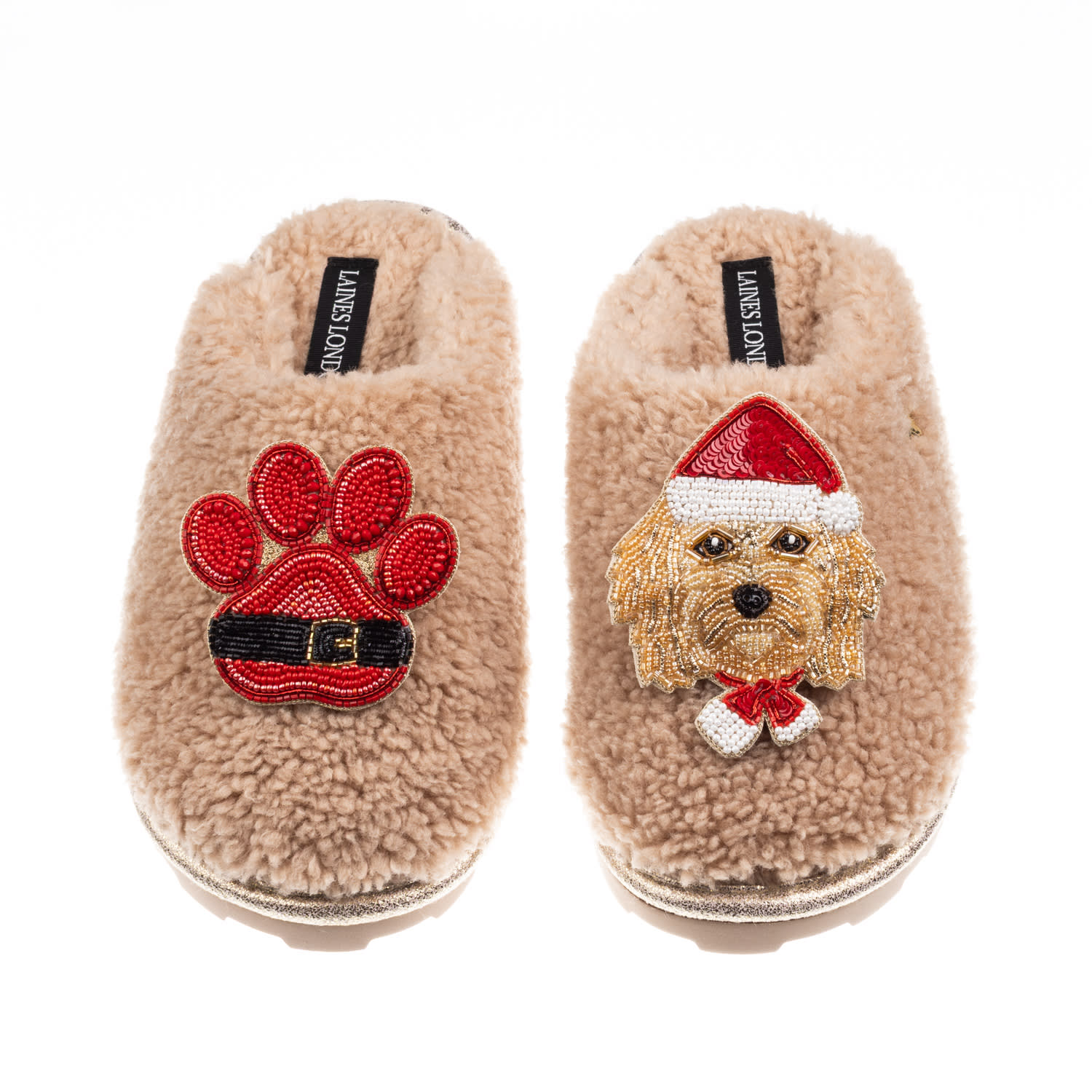 Laines London Women's Brown / Neutrals Teddy Closed Toe Slippers With Christmas Golden Cavapoo & Paw Brooches - To In Brown