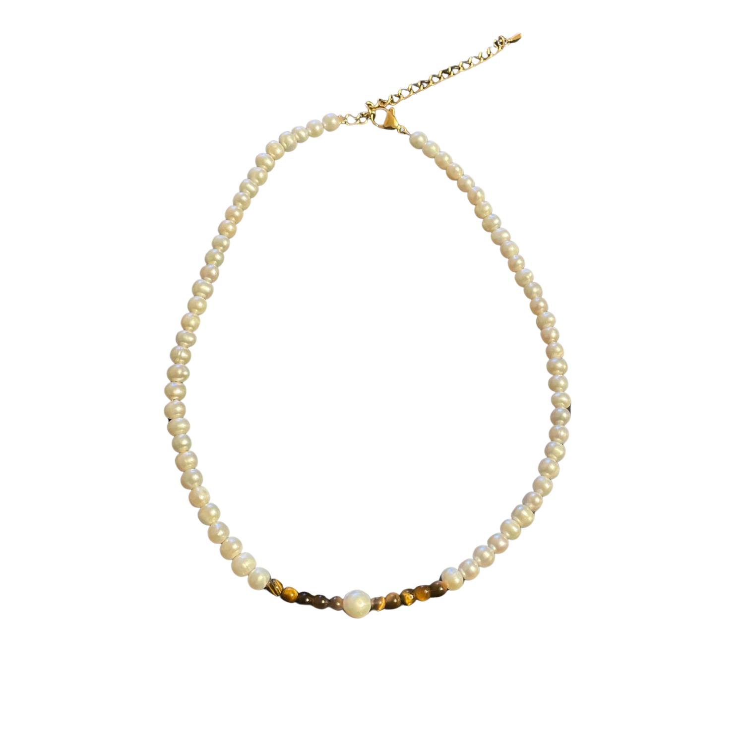 Lemuria Store Women's White Pearl & Tigers Eye Necklace In White