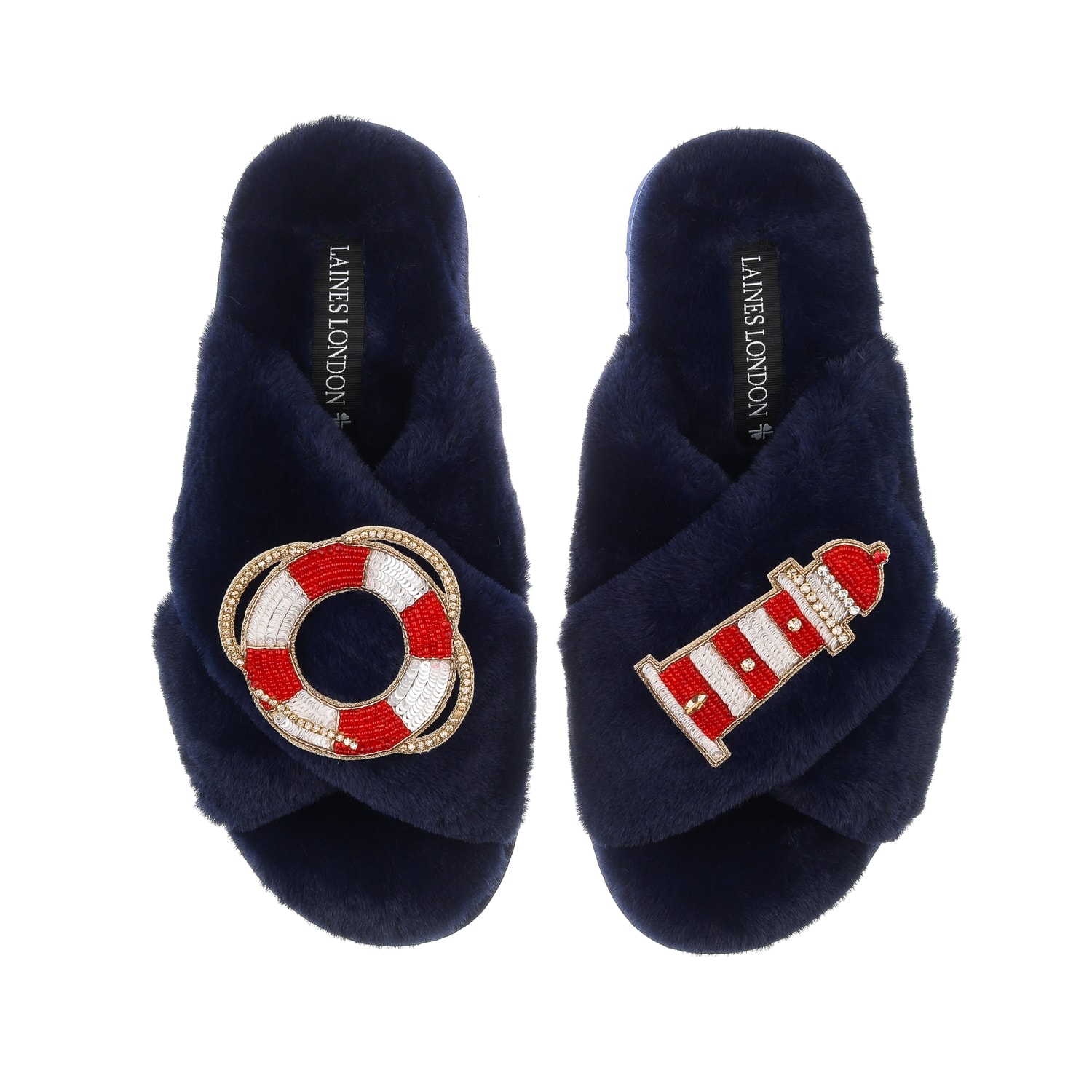 Women’s Blue Classic Laines Slippers With Beach Ring & Lighthouse Brooches - Navy Small Laines London