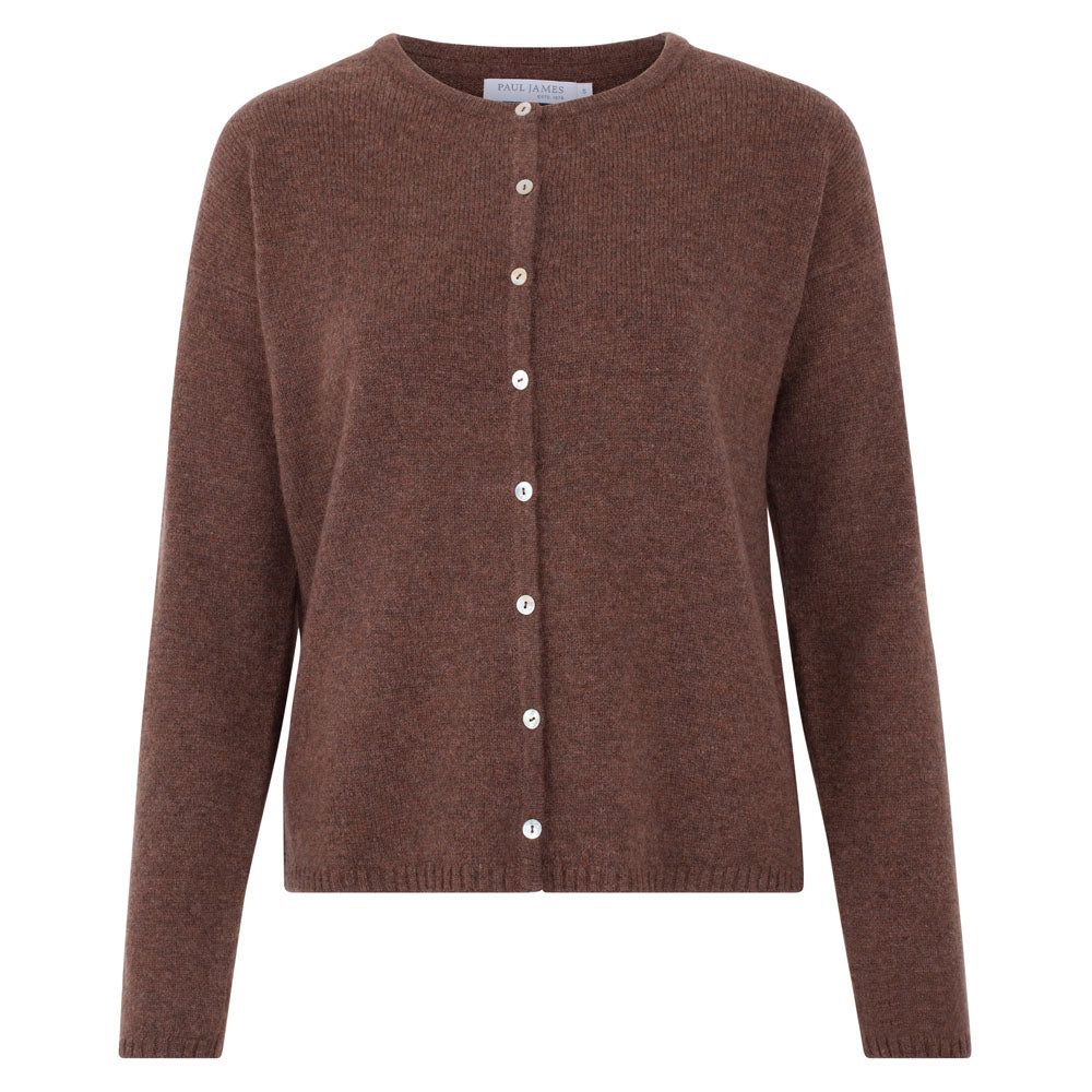 Brown Womens Midweight 100% Lambswool Crew Neck Leona Cardigan - Tobacco Extra Large Paul James Knitwear