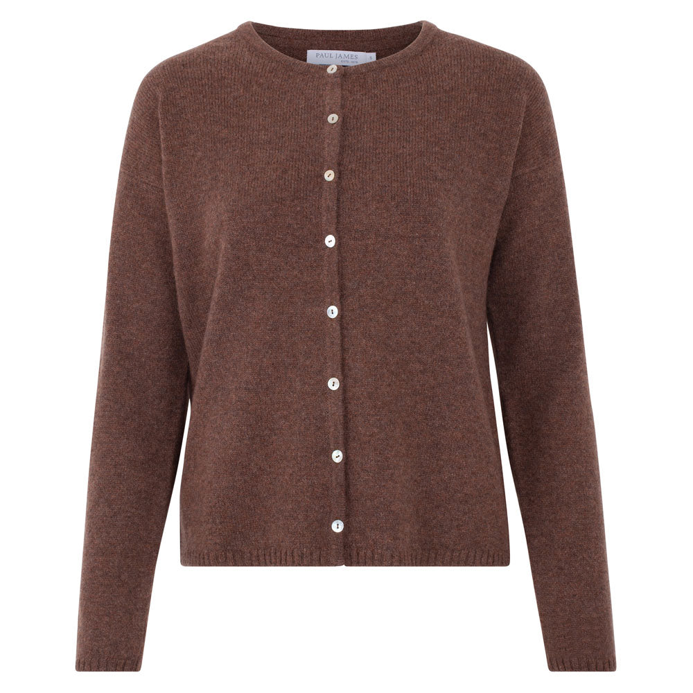 Brown Womens Midweight 100% Lambswool Crew Neck Leona Cardigan - Tobacco Large Paul James Knitwear