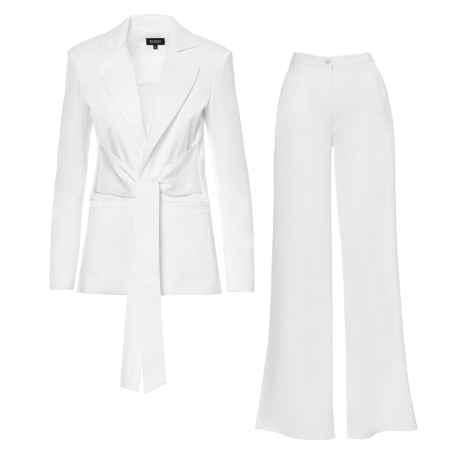Bluzat Women's White Suit With Blazer With Scarves And Wide Leg Trousers In White