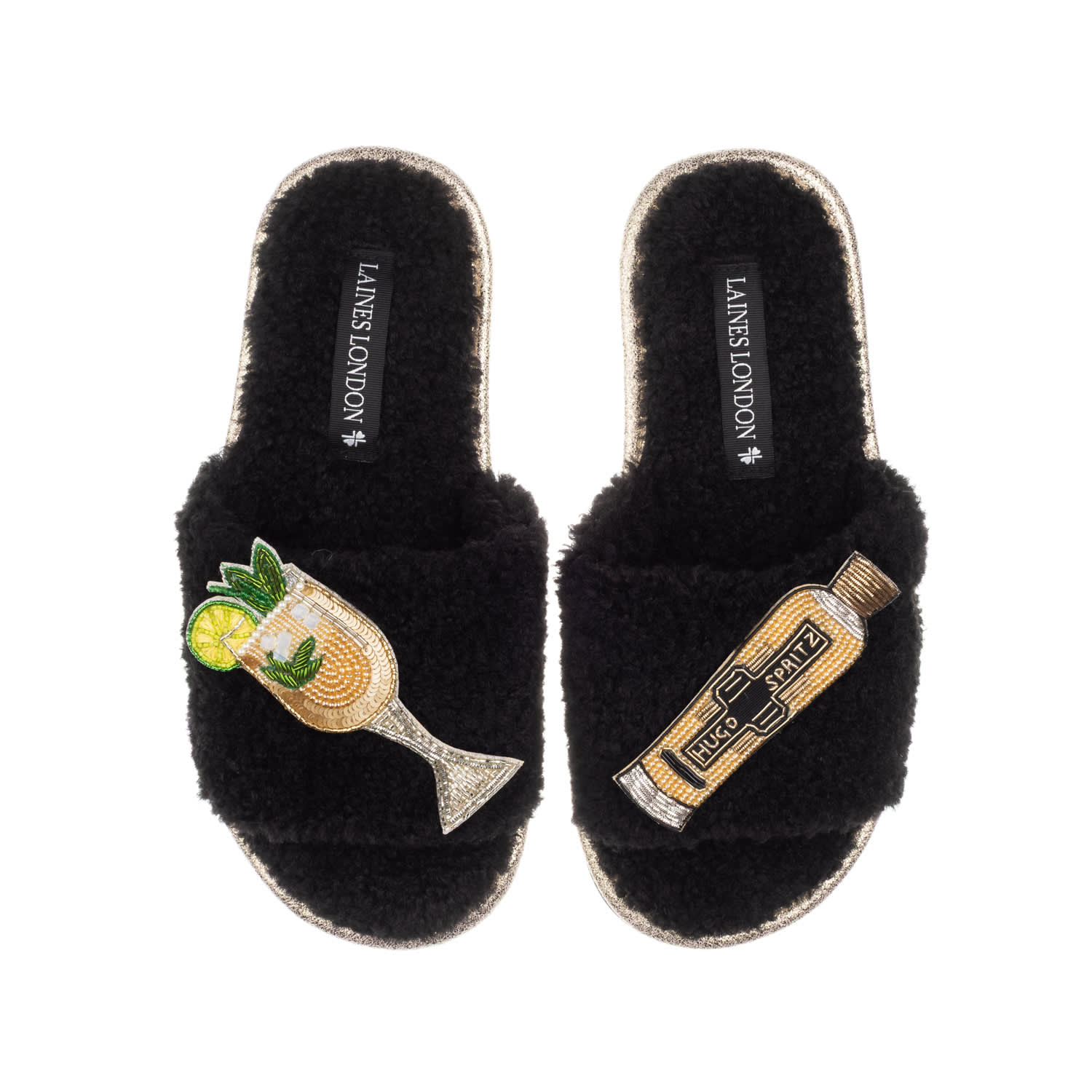 Laines London Women's Teddy Towelling Slipper Sliders With Hugo Spritz Brooches - Black In Black
