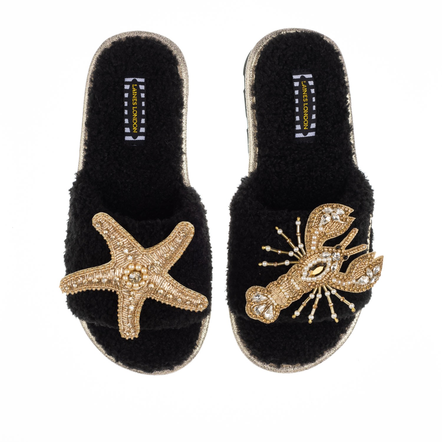 Women’s Teddy Towelling Sliders With Gold Pearl Lobster & Starfish Brooches - Black Small Laines London