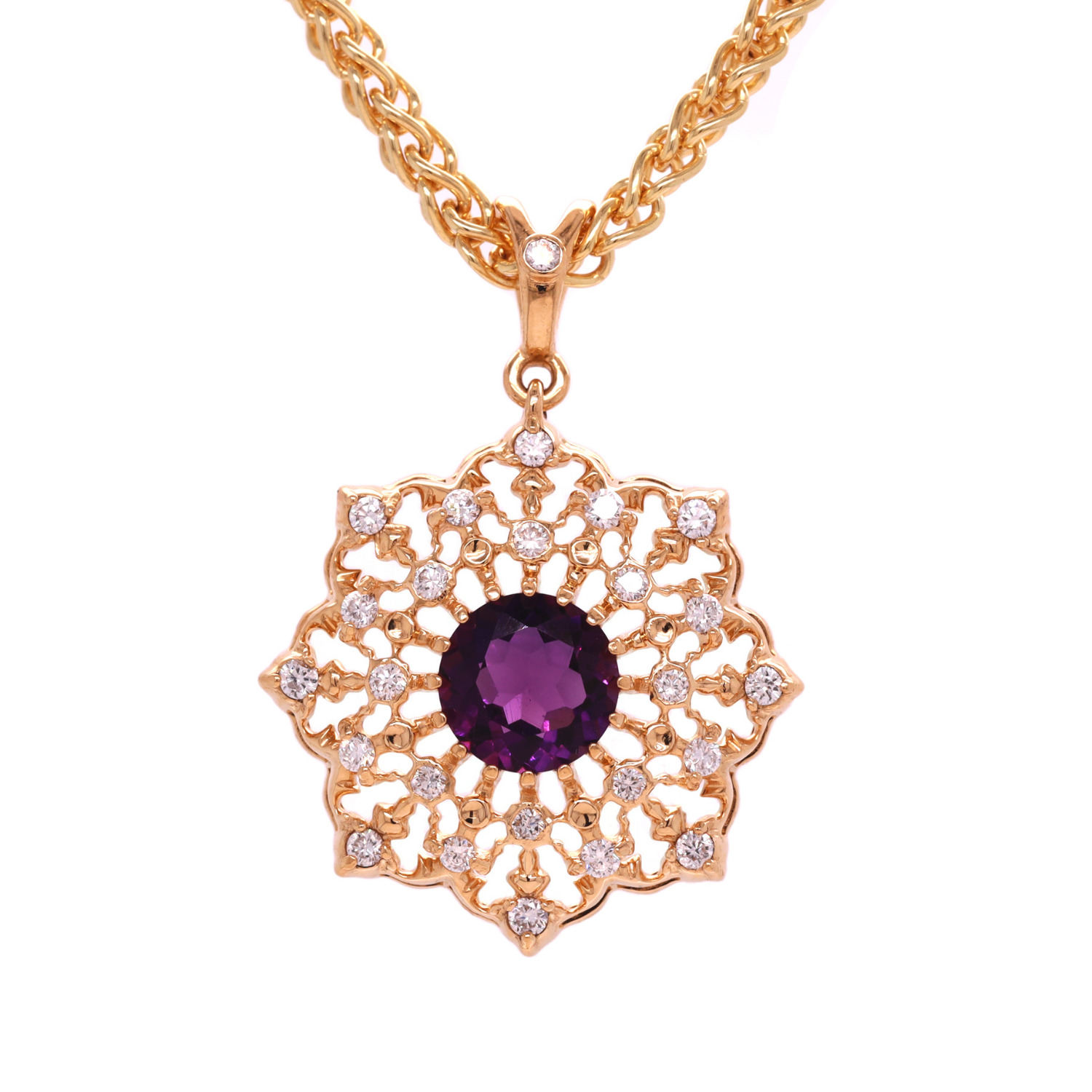 Women’s Gold / Pink / Purple Amethyst Flower Necklace With Diamonds In 18K Yellow Gold With A Chain G & D Unique Designs