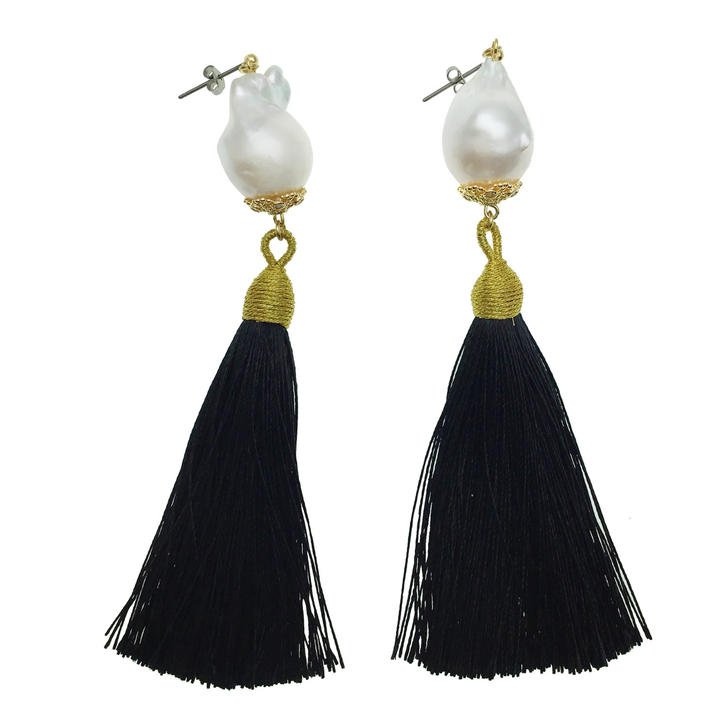 Farra Women's Baroque Pearl With Black Tassel Earrings