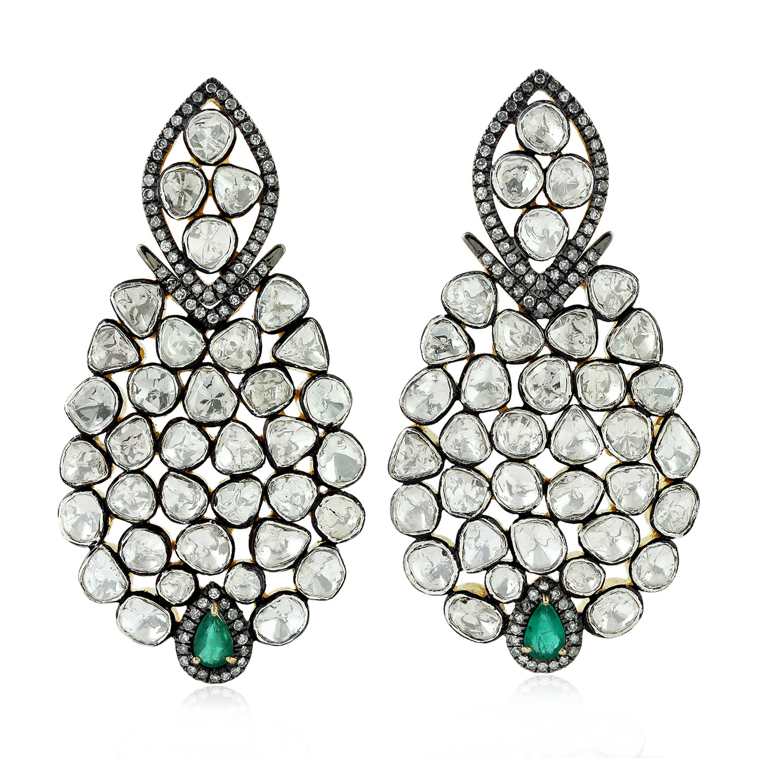 Women’s Gold / Green / White 18K Gold & 925 Silver In Uncut Natural Diamond With Emerald Victorian Dangle Earrings Artisan