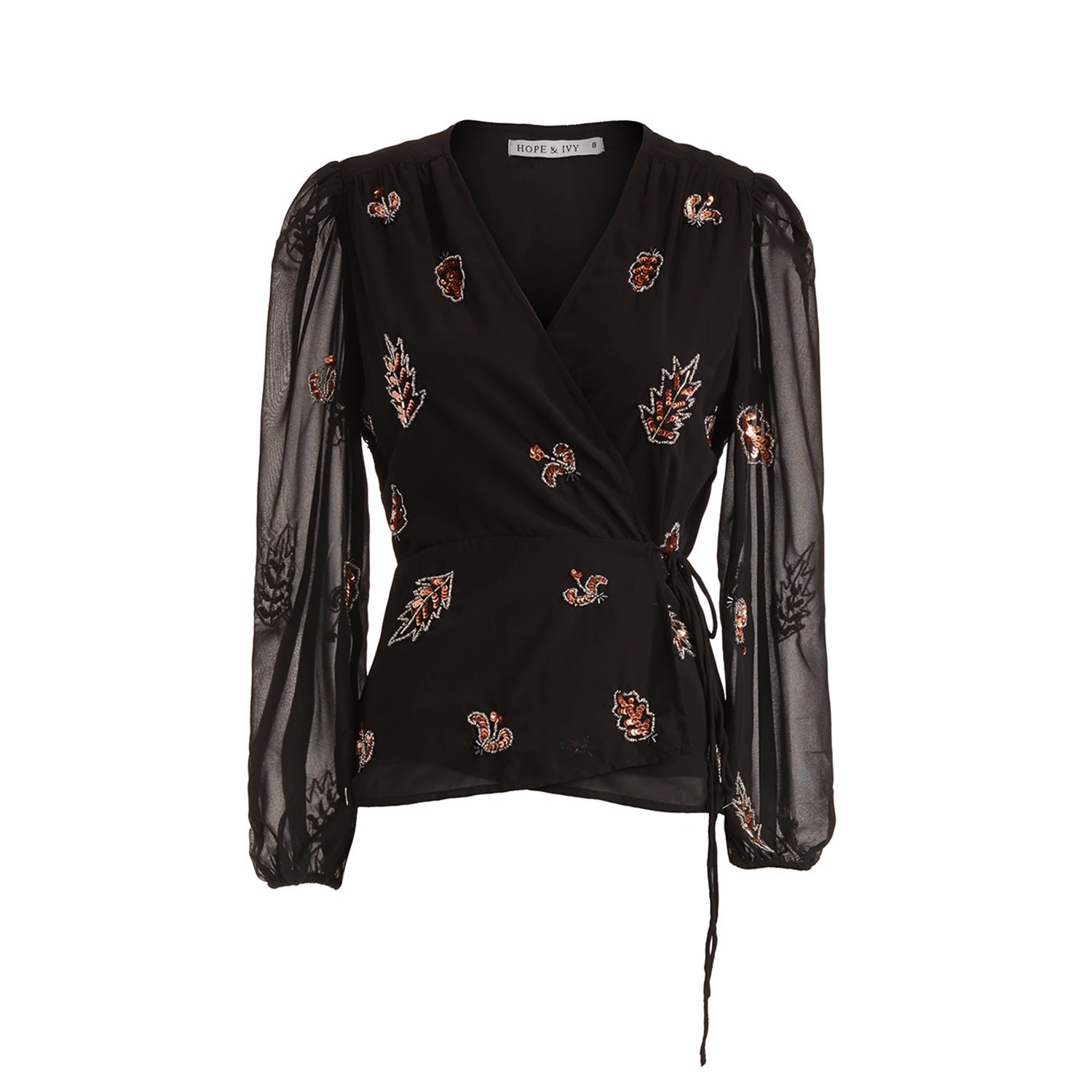 Women’s Black / Gold The Taylor Embellished Wrap Top With Tie Waist And Blouson Sleeve Extra Small Hope and Ivy