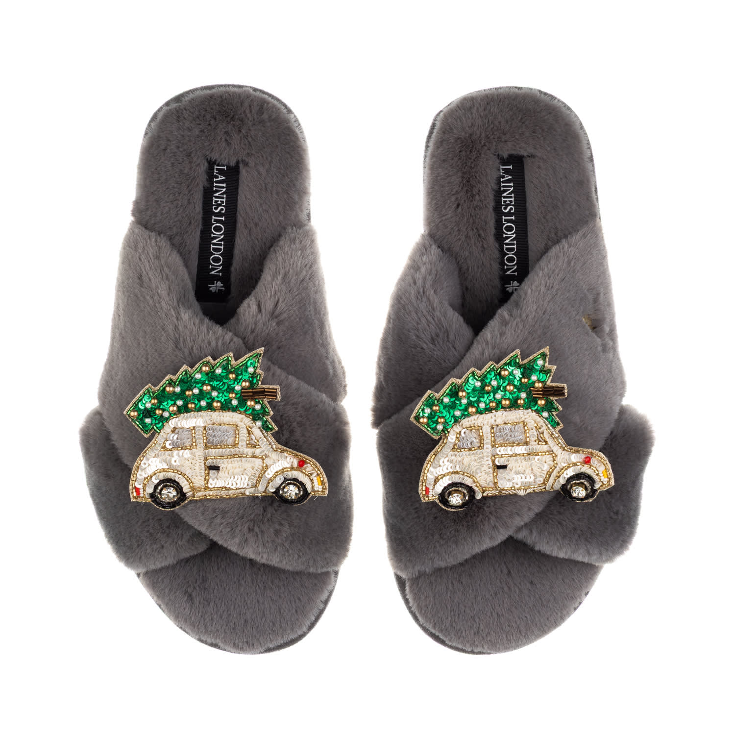 Laines London Women's Classic Laines Christmas Collection Slippers With Double Cream & Gold Christmas Car Brooches In Gray