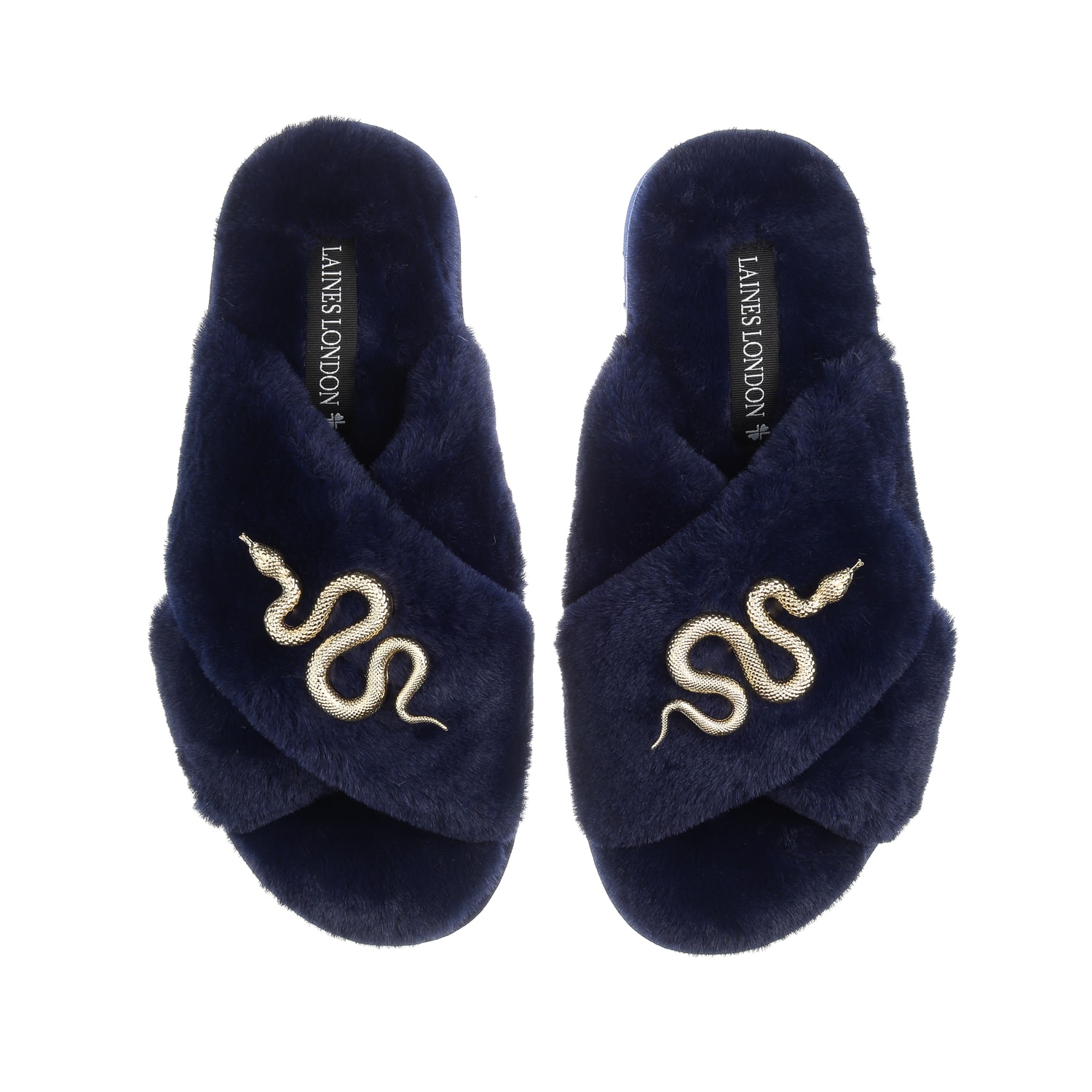 Women’s Blue Classic Laines Slippers With Gold Metal Snake Brooches - Navy Small Laines London