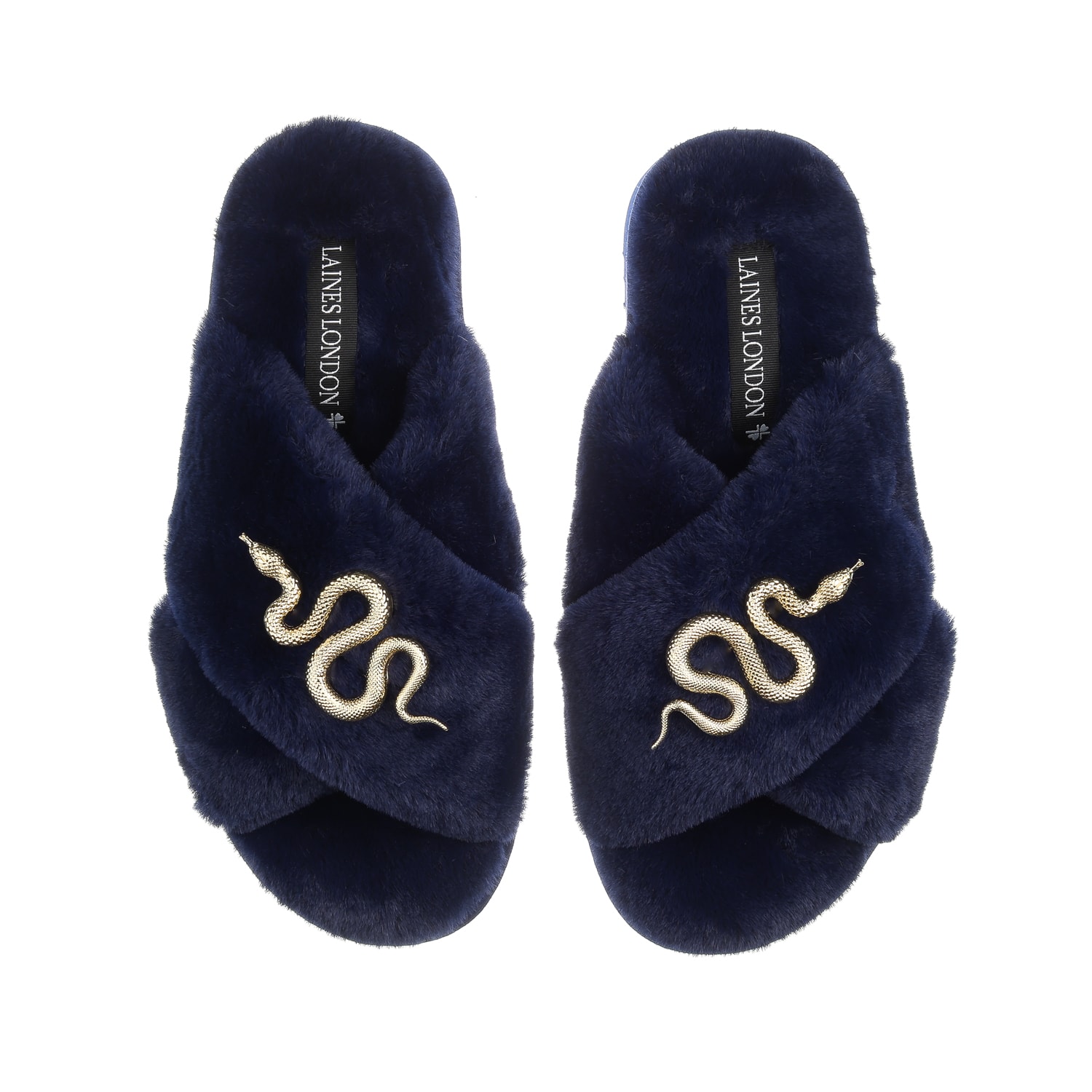 Women’s Blue Classic Laines Slippers With Gold Metal Snake Brooches - Navy Extra Large Laines London