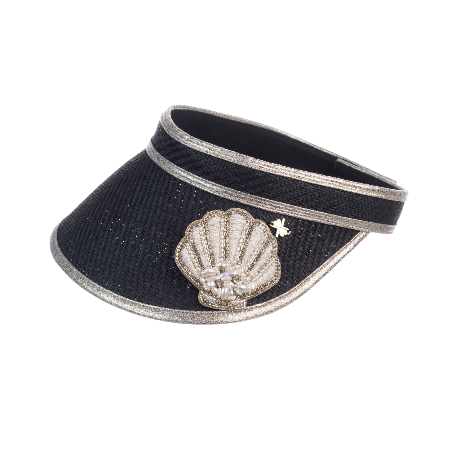 Laines London Women's Straw Woven Visor With Beaded Shell Brooch - Black