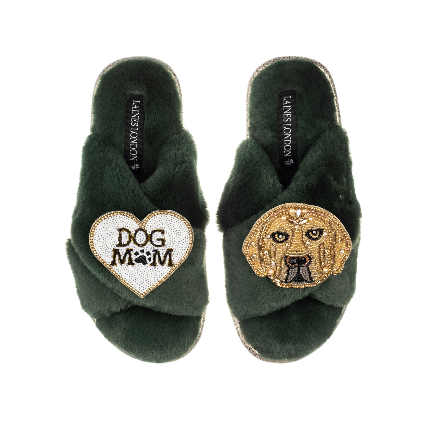 Laines London Women's Classic Laines Slippers With Skip The Golden Lab & Dog Mum / Mom Brooches - Limited Edition In Green