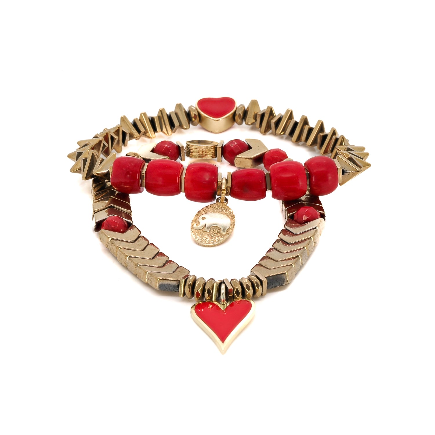 Women’s Gold / Red Valentines Red Heart & Lucky Elephant Gold Hematite Bracelet Set - Red Ebru Jewelry