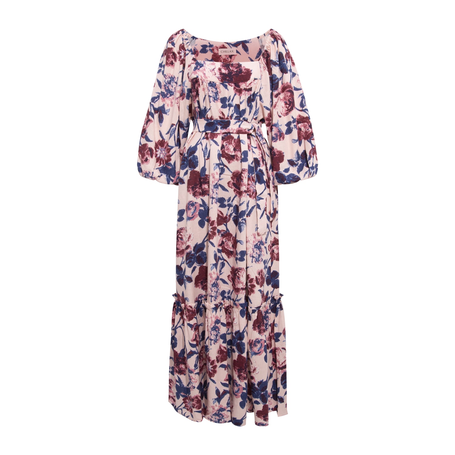 Chillax Women's Pink / Purple Puff Sleeve Rose Linen Maxi Dress - Limited In Pink/purple
