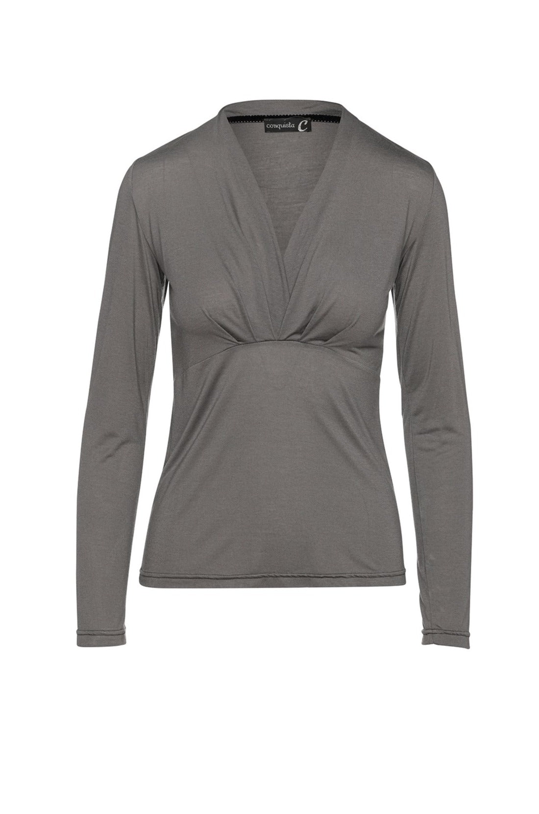 Women’s Dark Grey Cashmere Blend Long Sleeve Faux Wrap Top In Stretch Jersey Sustainable Fabric XXL Conquista