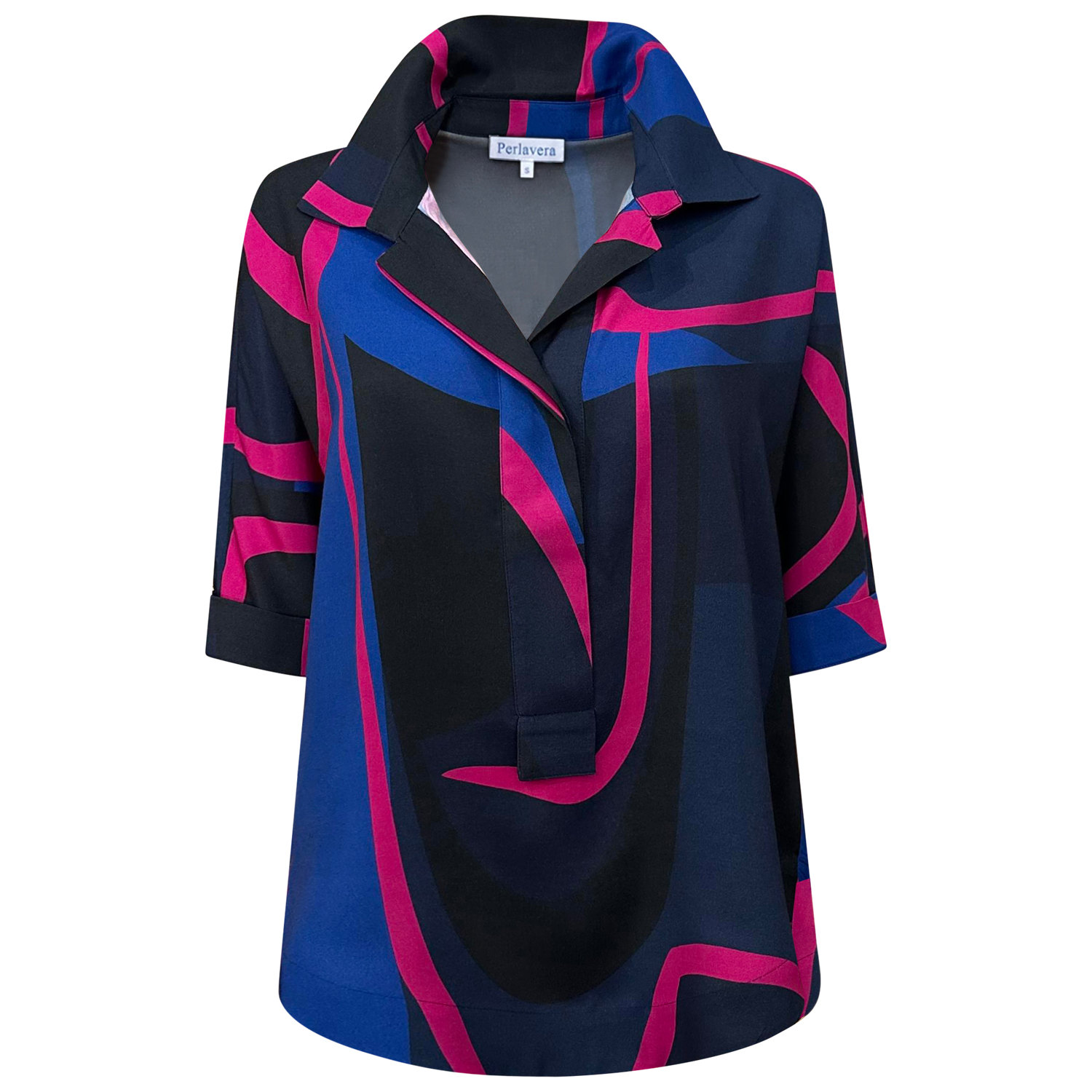 Perlavera Women's Blue / Black / Pink Monar Navy Calypso Three Quarter Sleeve Shirt