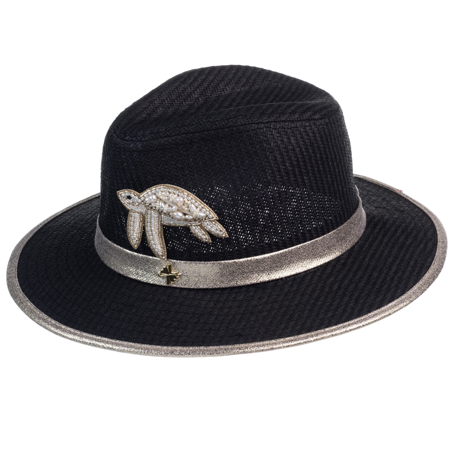 Women’s Straw Woven Hat With Pearl Beaded Turtle - Black One Size Laines London