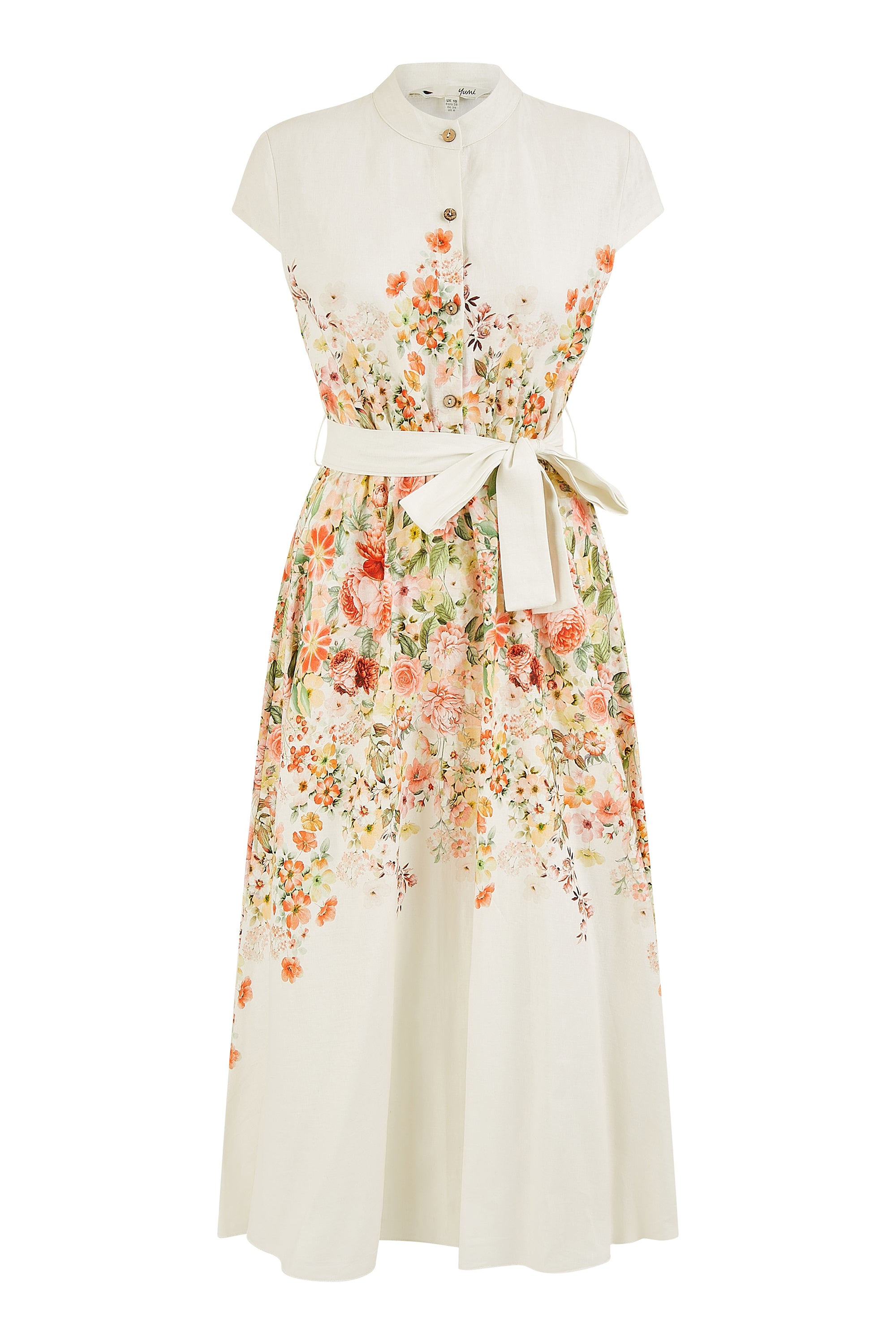 Yumi Women's  White Linen Floral Mirrored Placement Skater Dress