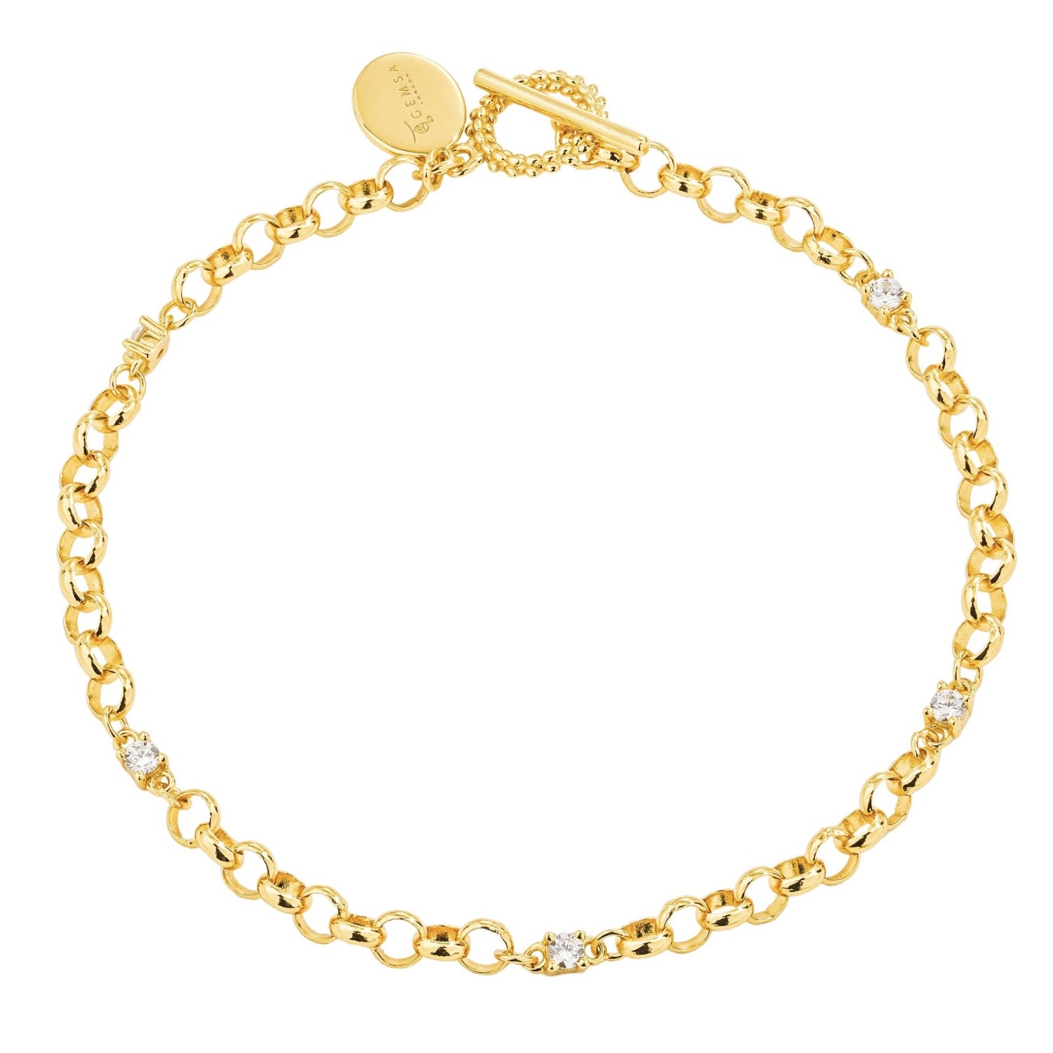 Women’s Chicago T-Bar Belcher Rolo Chain 18Ct Gold Vermeil Bracelet With Zirconia Gemsa London