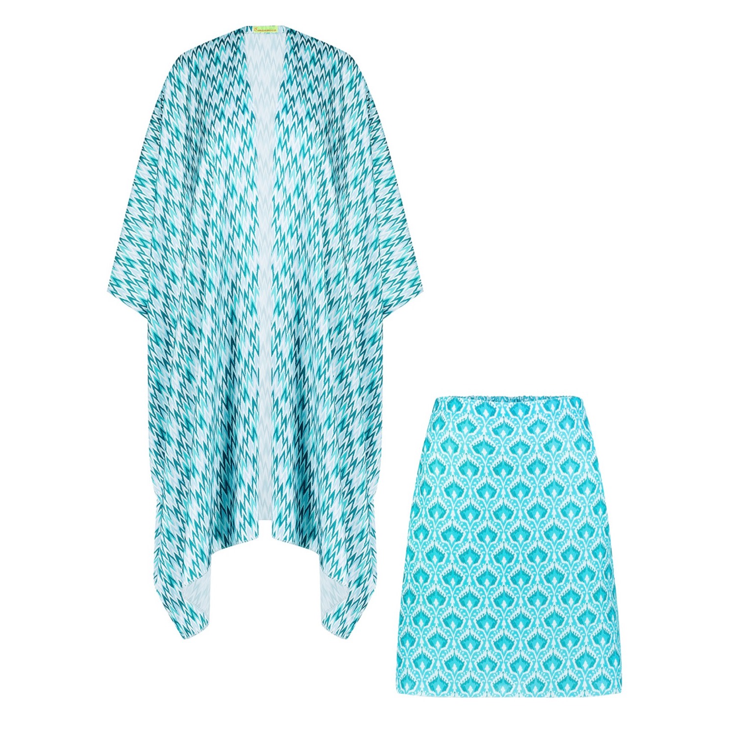 Emanmoon Blue Turquoise Print Kimono & Mini Skirt Set