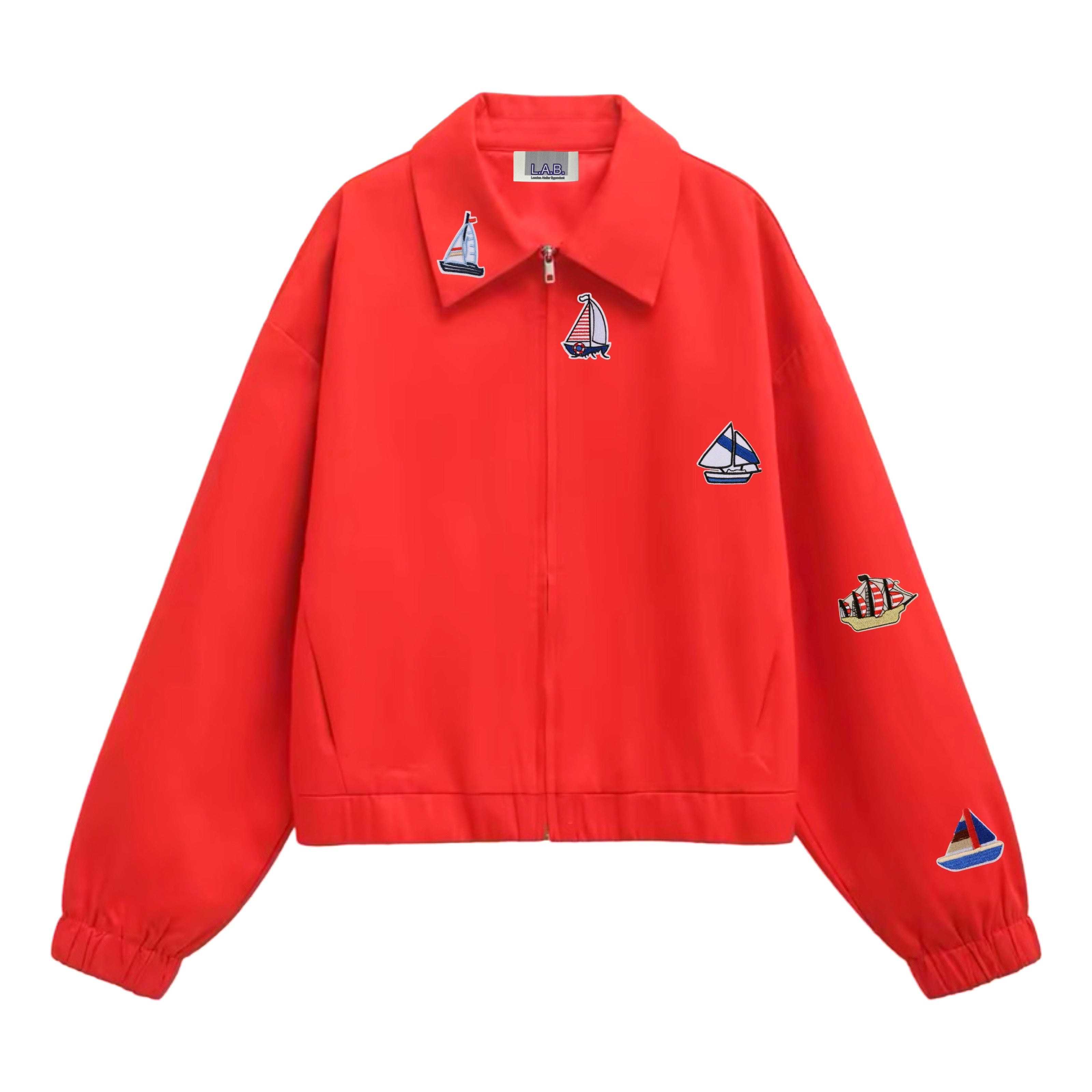 London Atelier Byproduct Women's Red Bomber Jacket With Boat Embroidery Patches In Red