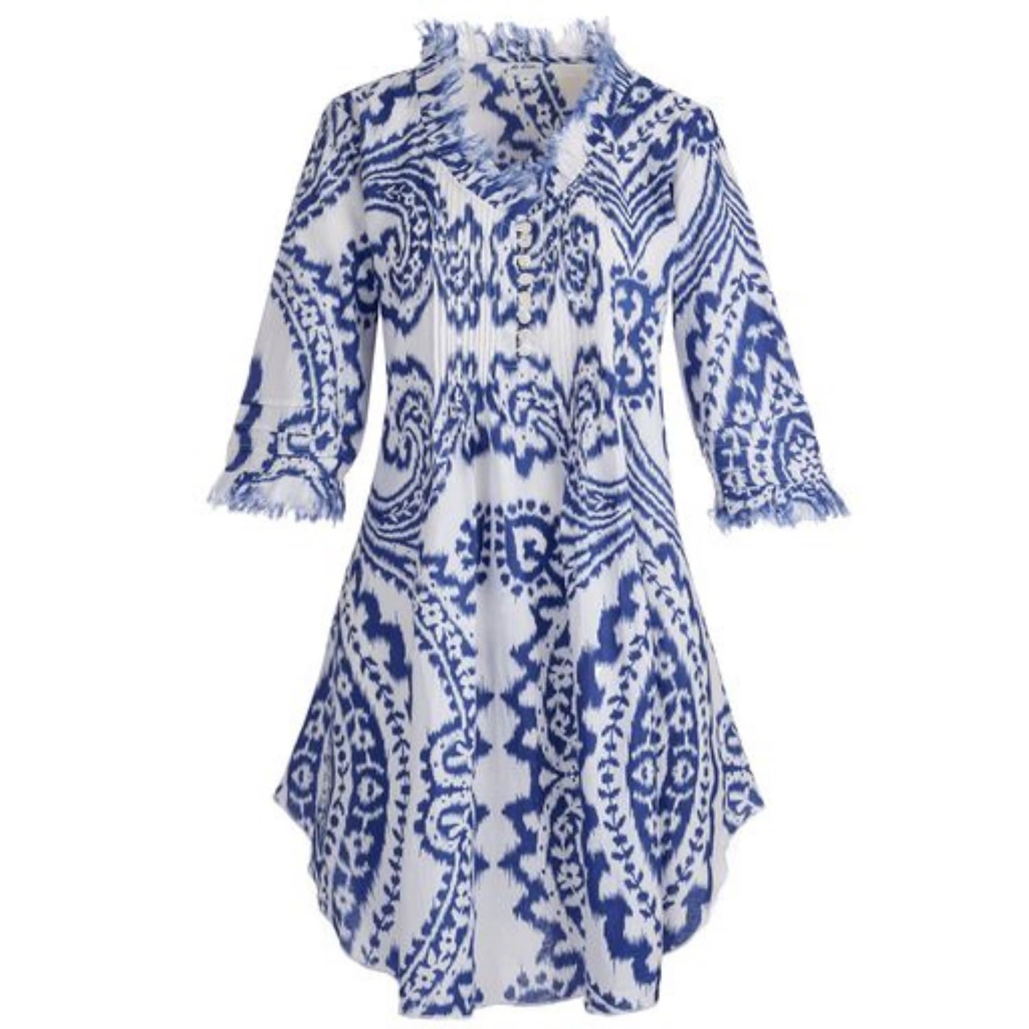 At Last... Women's Annabel Cotton Tunic In Blue & White Ikat In Blue