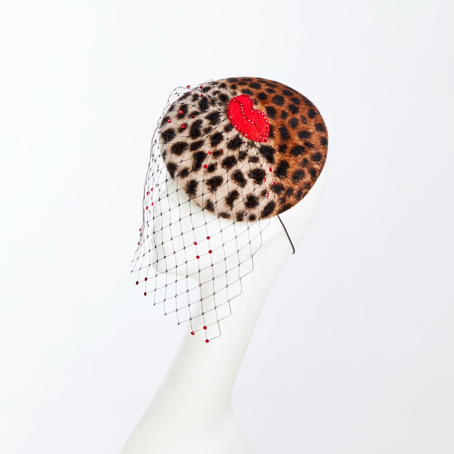 Women's Black / Red / Brown Leopard Lips | Leopard Print Felt Percher With Red Lips & Crystal Veil | One Size | Victoria Grant