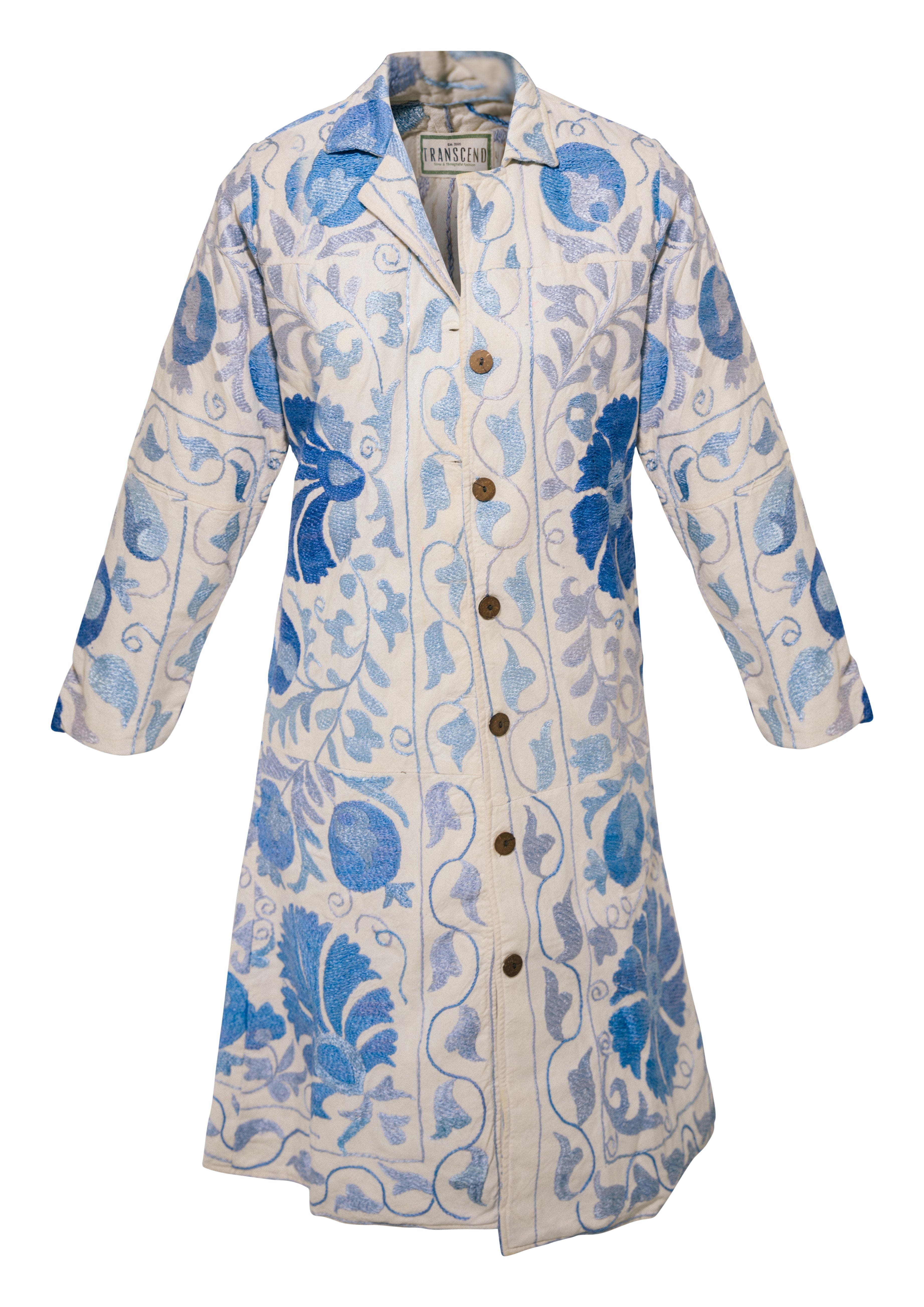 Transcend Women's Blue / White Gul Coat - Suzani Embroidered From Uzbekistan - Blue On White - Small In Blue/white