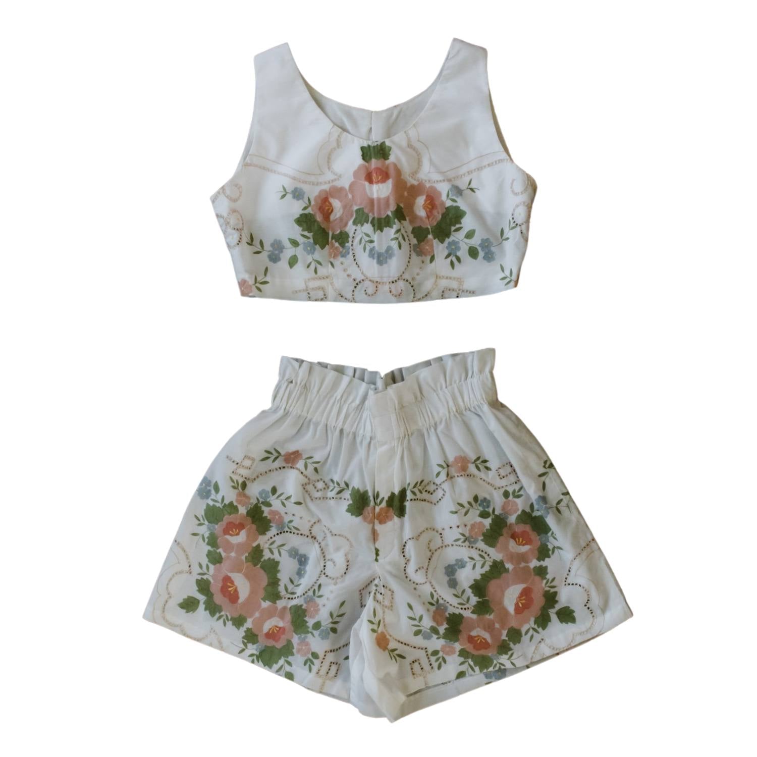 White Colourful Floral Print Sleeveless Summer Crop Top & Shorts Set Medium Sugar Cream Vintage