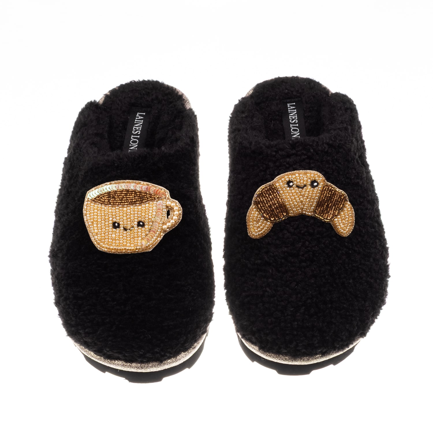 Laines London Women's Teddy Closed Toe Slippers With Laines Lovables Coffee & Croissant Brooches - Black In Black