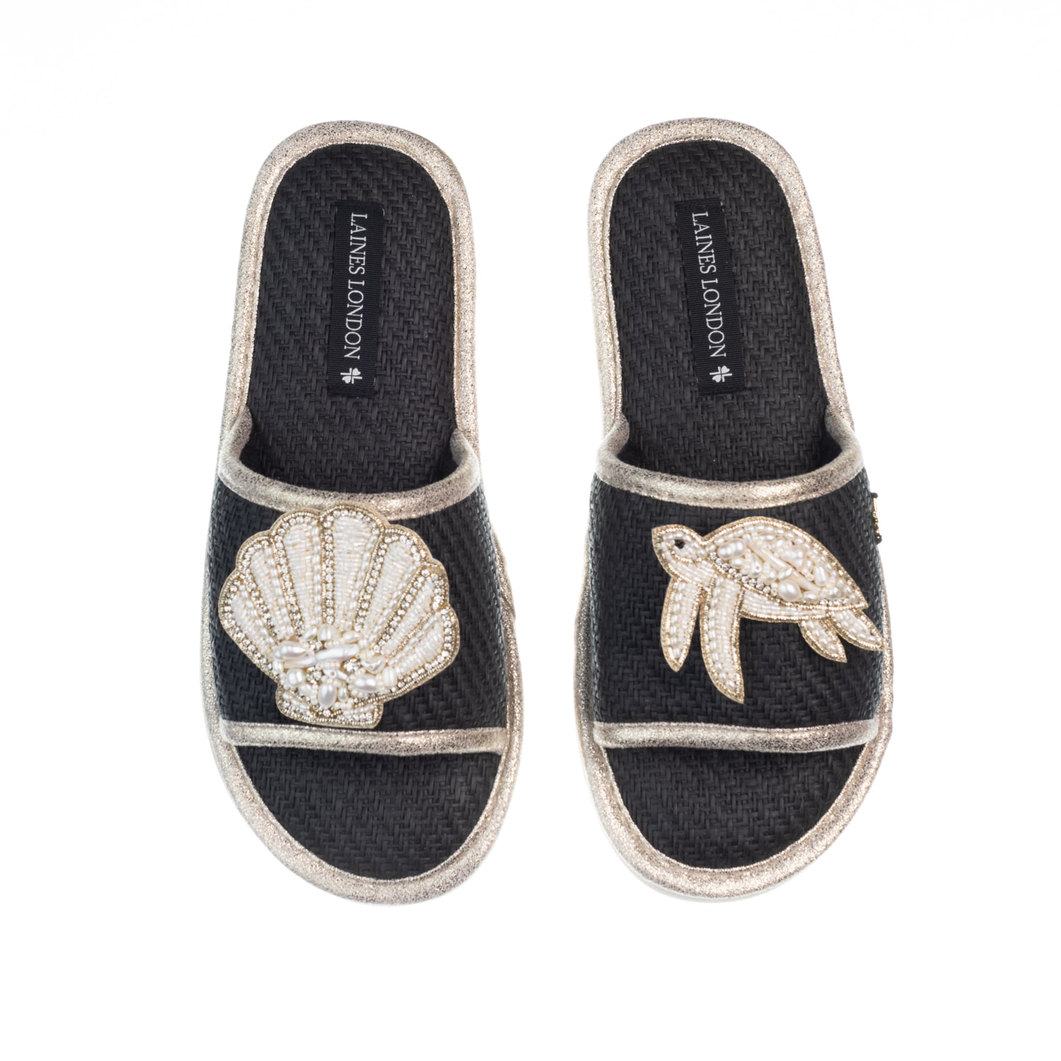 Laines London Women's Straw Braided Sandals With Beaded Shell & Turtle Brooches - Black