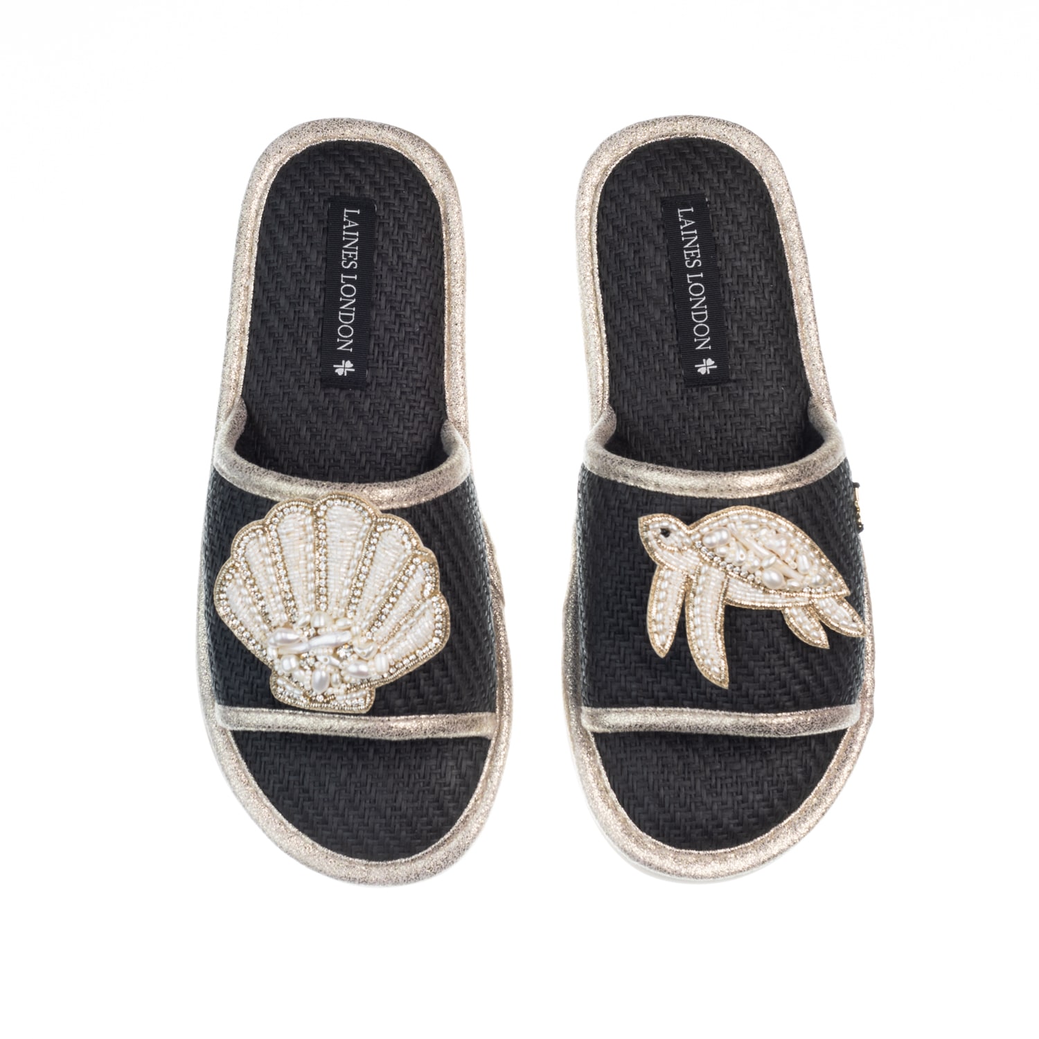 Women’s Straw Braided Sandals With Beaded Shell & Turtle Brooches - Black Small Laines London