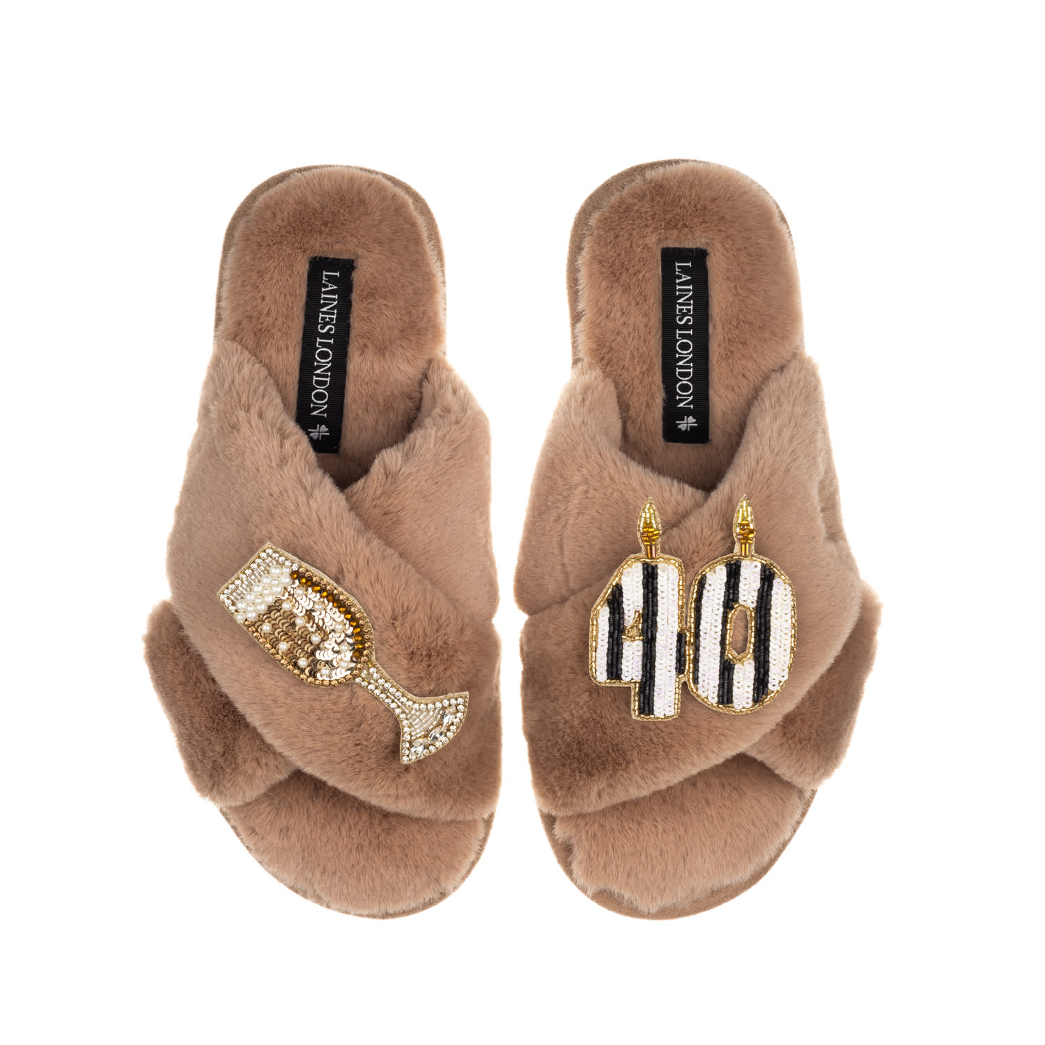 Laines London Women's Brown Classic Laines Slippers With Stripe 40th Birthday & Glass Of Champagne Brooches - Toff In Brown