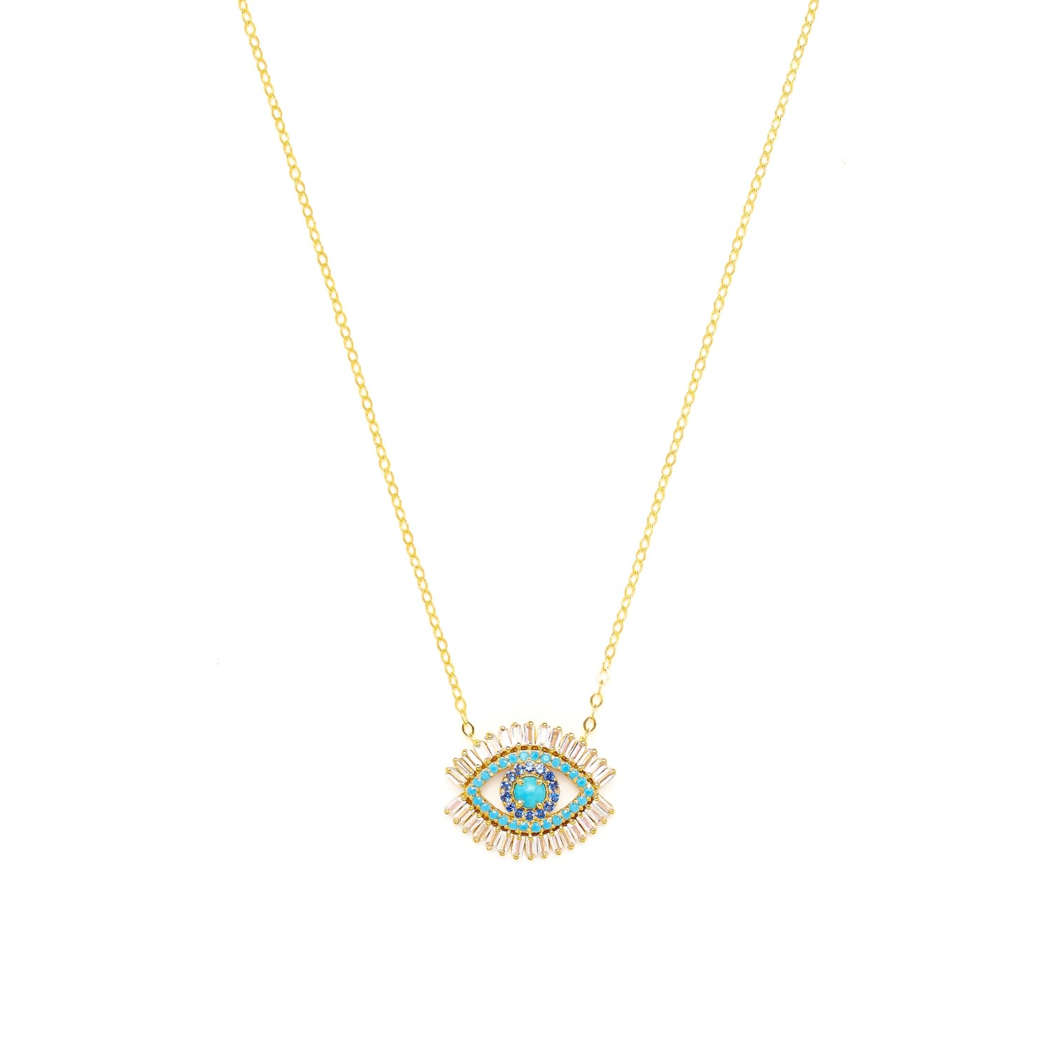 Seven Saints Women's Blue / White / Gold Evil Eye Necklace, Gold Vermeil With Turquoise And Zirconia Baguette Dia In Gold