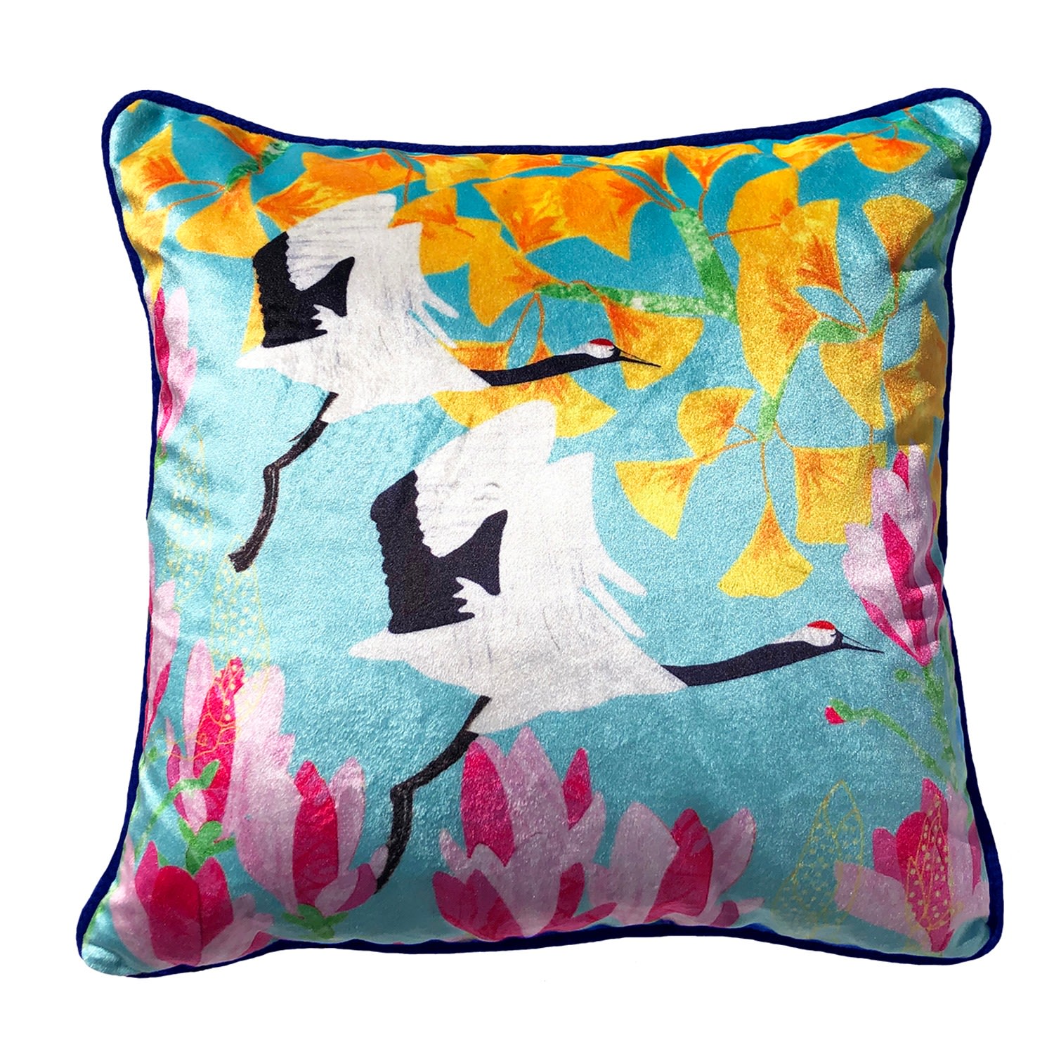 Red Crowned Cranes, Gingko & Magnolia Velvet Cushion Amanda West