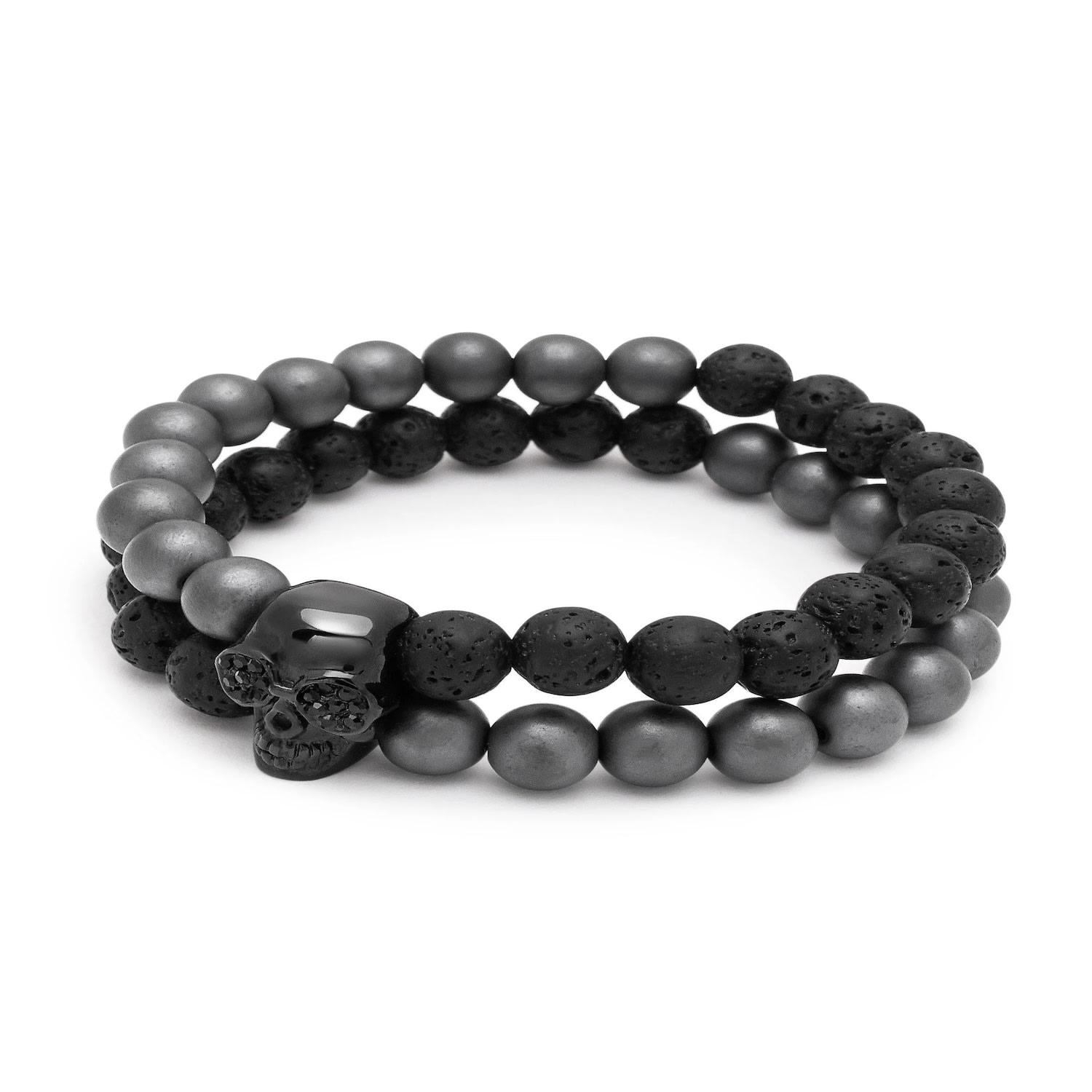 Men’s Black / Grey Double Beaded Bracelet With Matte Hematite, Lava Stone & Black Skull Nialaya