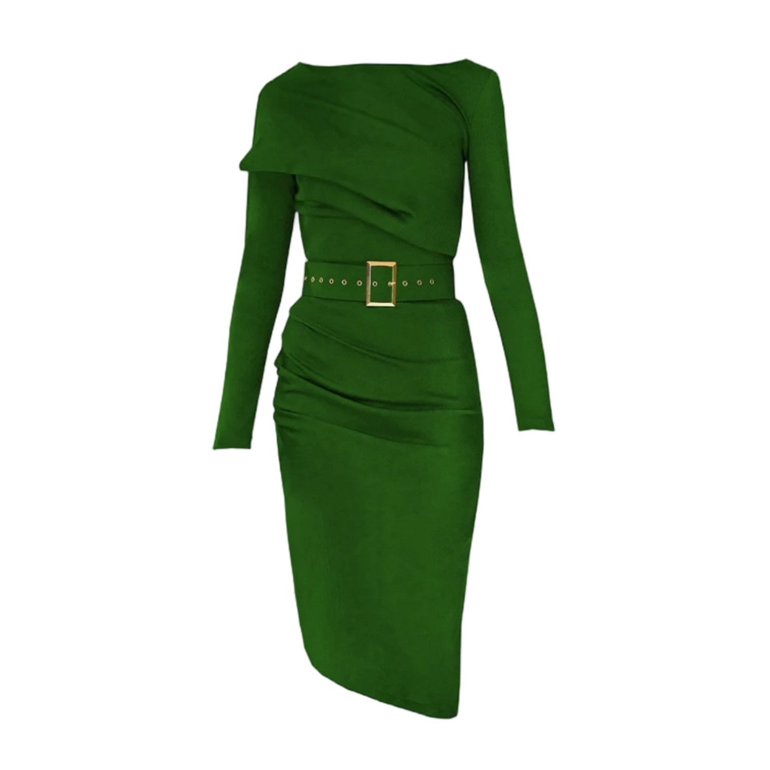 Women's Slide Green Midi Cocktail Dress With Asymmetric Skirt And Textile Belt | Extra Large | Alina Cernatescu
