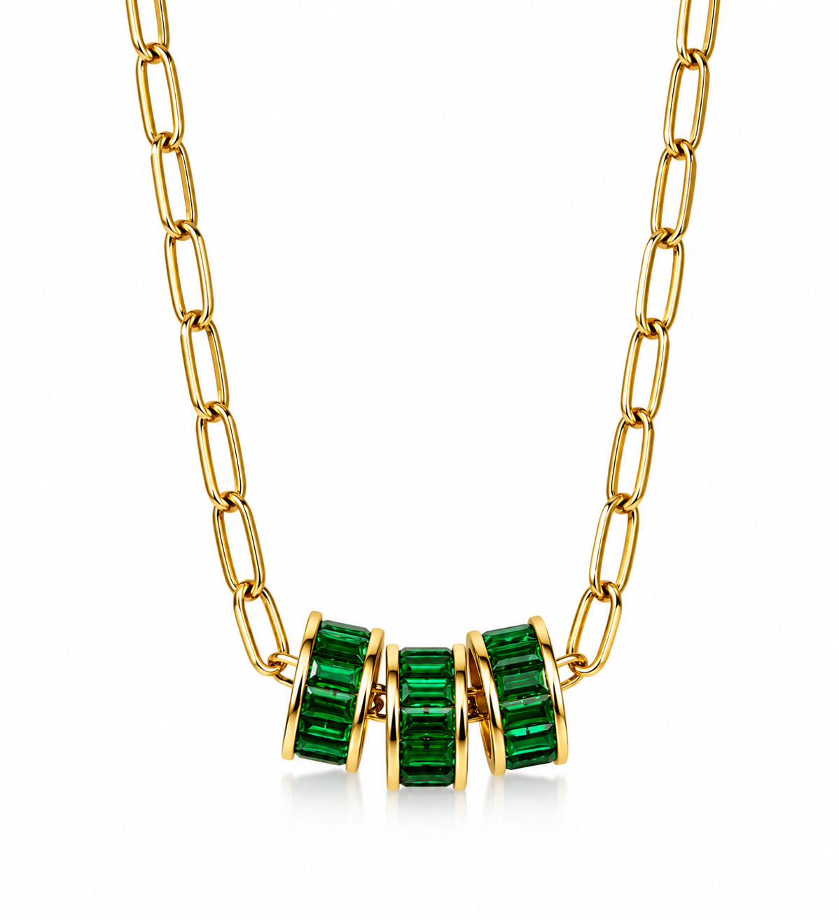 Persia Dona Jewelry Women's Gold / Green Three Emerald Rings X Link Chain Necklace In Gold/green