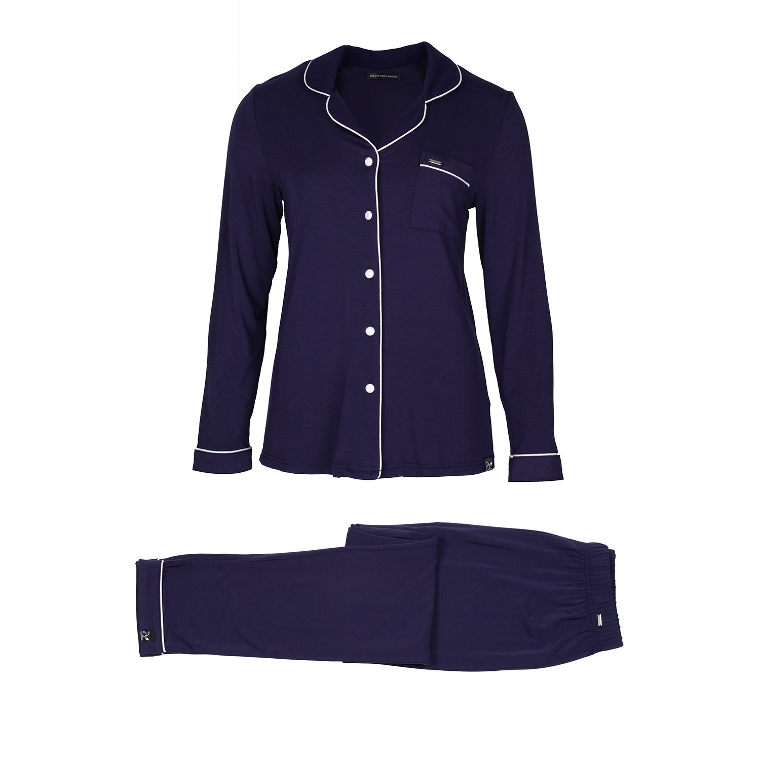 Pretty You Women's Blue Bamboo Long Sleeved Trouser Pyjama Set In Midnight In Blue
