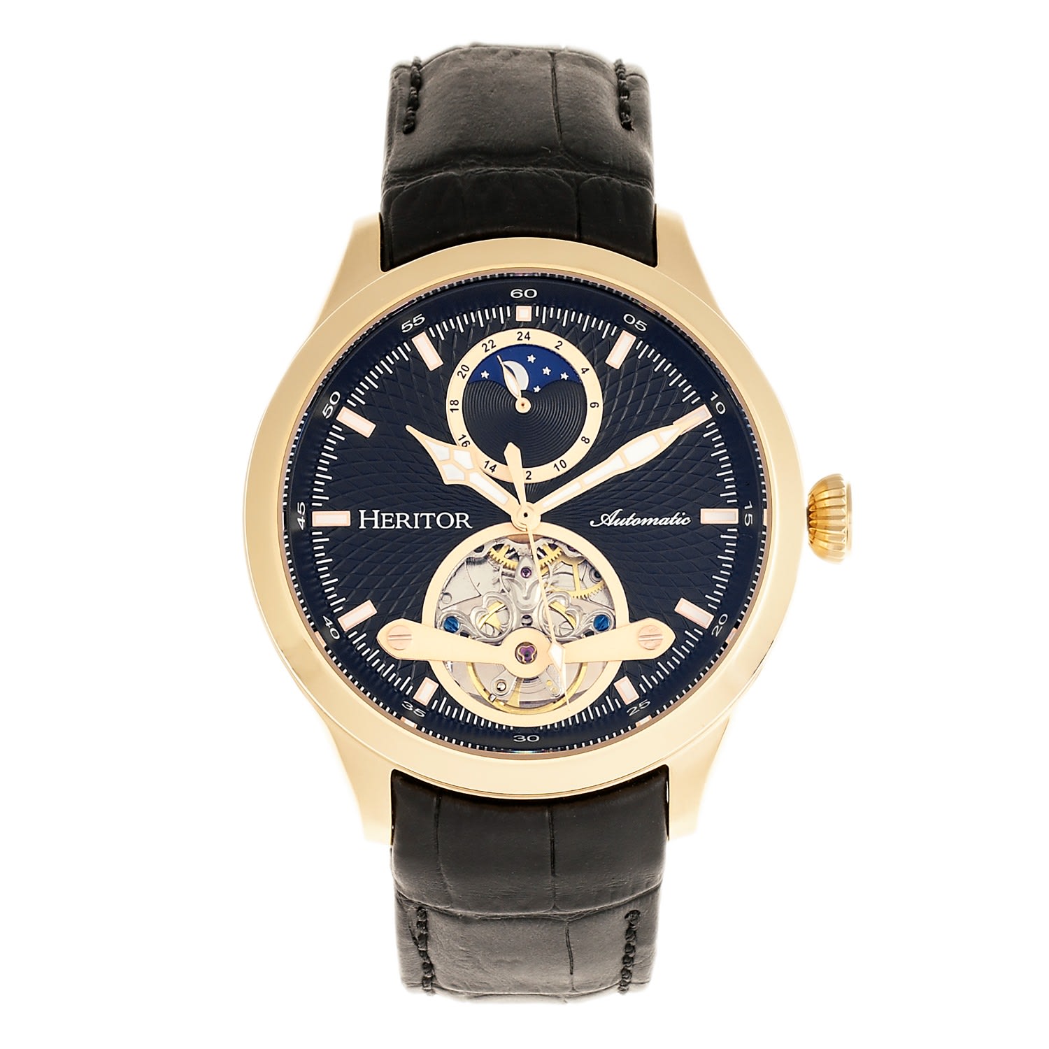 Men’s Black / Gold Gregory Semi-Skeleton Leather-Band Watch With Moon Phase - Black, Gold Heritor Automatic